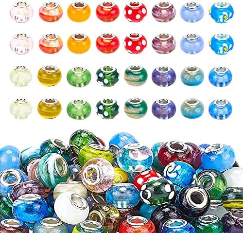 PandaHall Elite 100 pcs Silver Lampwork Glass Beads Jewellery Charm Bracelets Necklace