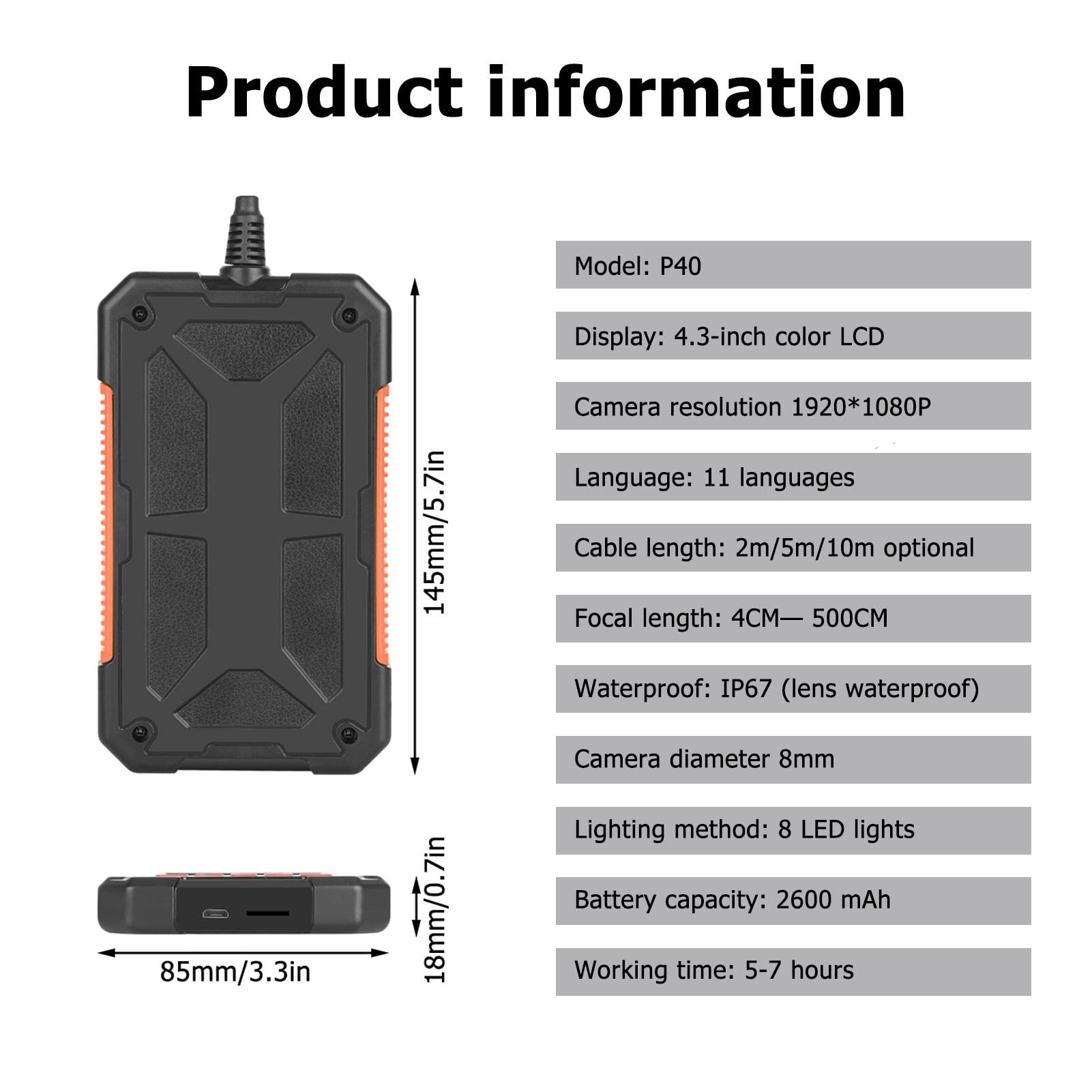 Kamera endoskopowa, przemysłowa kamera endoskopowa, ekran 4,3", 1080P HD, cyfrowa kamera boroskopowa, 8 mm, wodoodporna kamera wężowa ze światłami LED, bateria 2600 mAh (10 m)