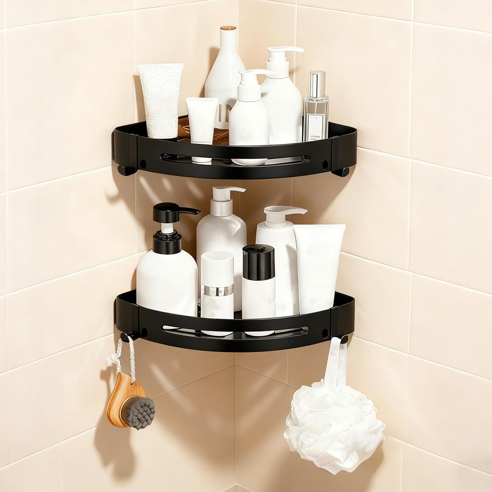 JUSTHERE Shower Caddy Corner 2 Pack Stainless Steel Shower Shelves with 2 Removable Hooks Large Capacity Bathroom Organizers