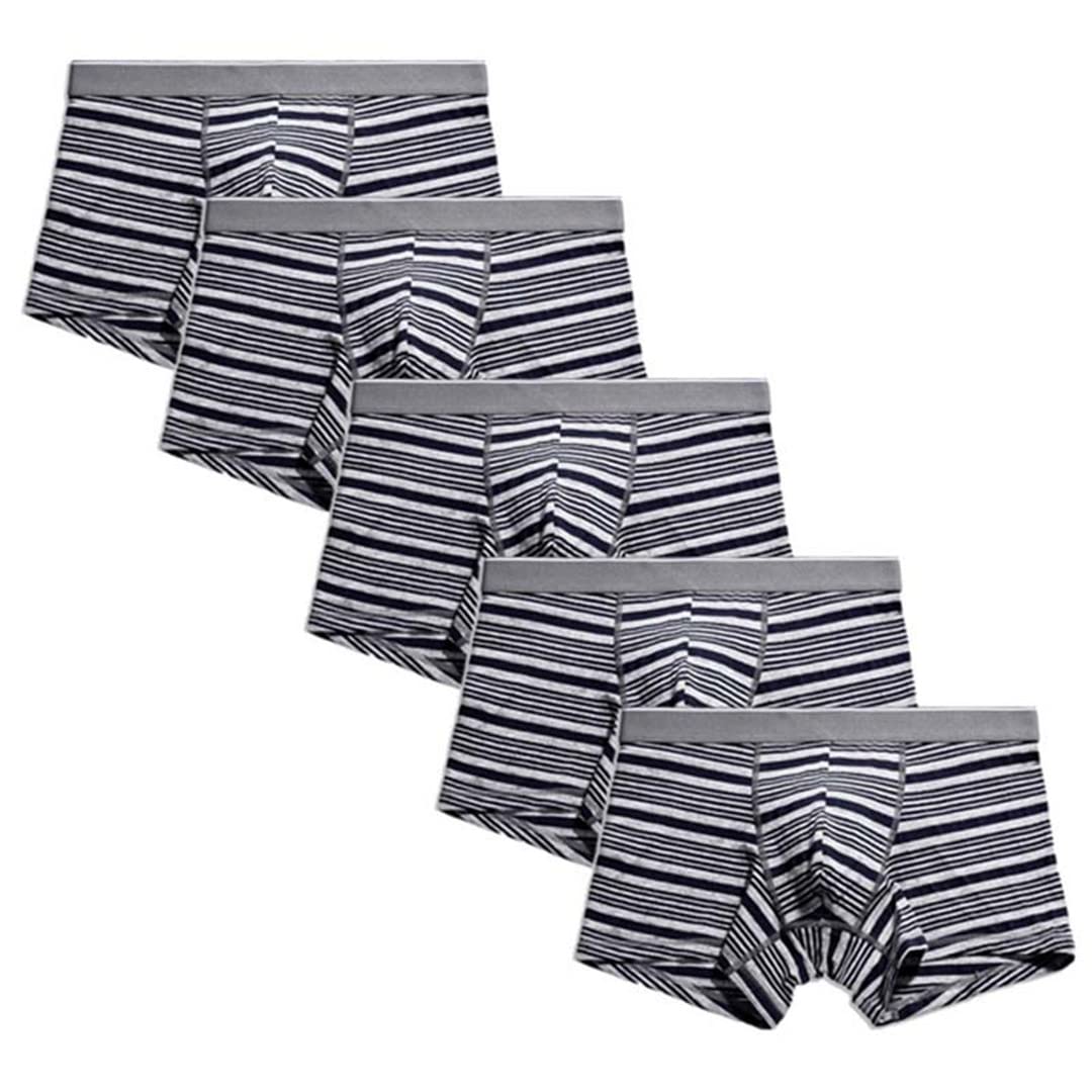 Men Boxers Briefs 5pcs Pack Cotton Sexy Breathable Striped Boxers Underwear with Waistband Dark Blue XXL