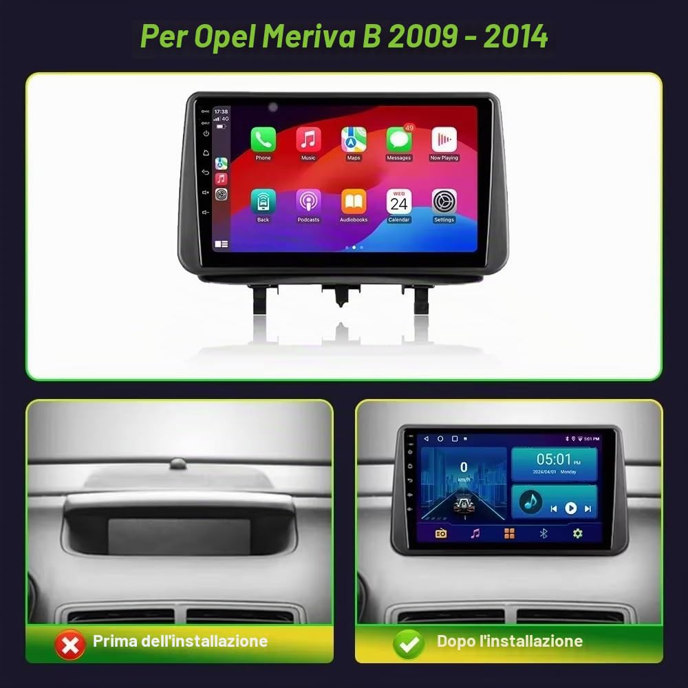 9" Autoradio Android 15 per Opel Meriva B 2009-2014 CarPlay & Car Stereo Multimedia Player con GPS WiFi BT USB FM Mirror Link SWC telecamera posteriore(2+64G)