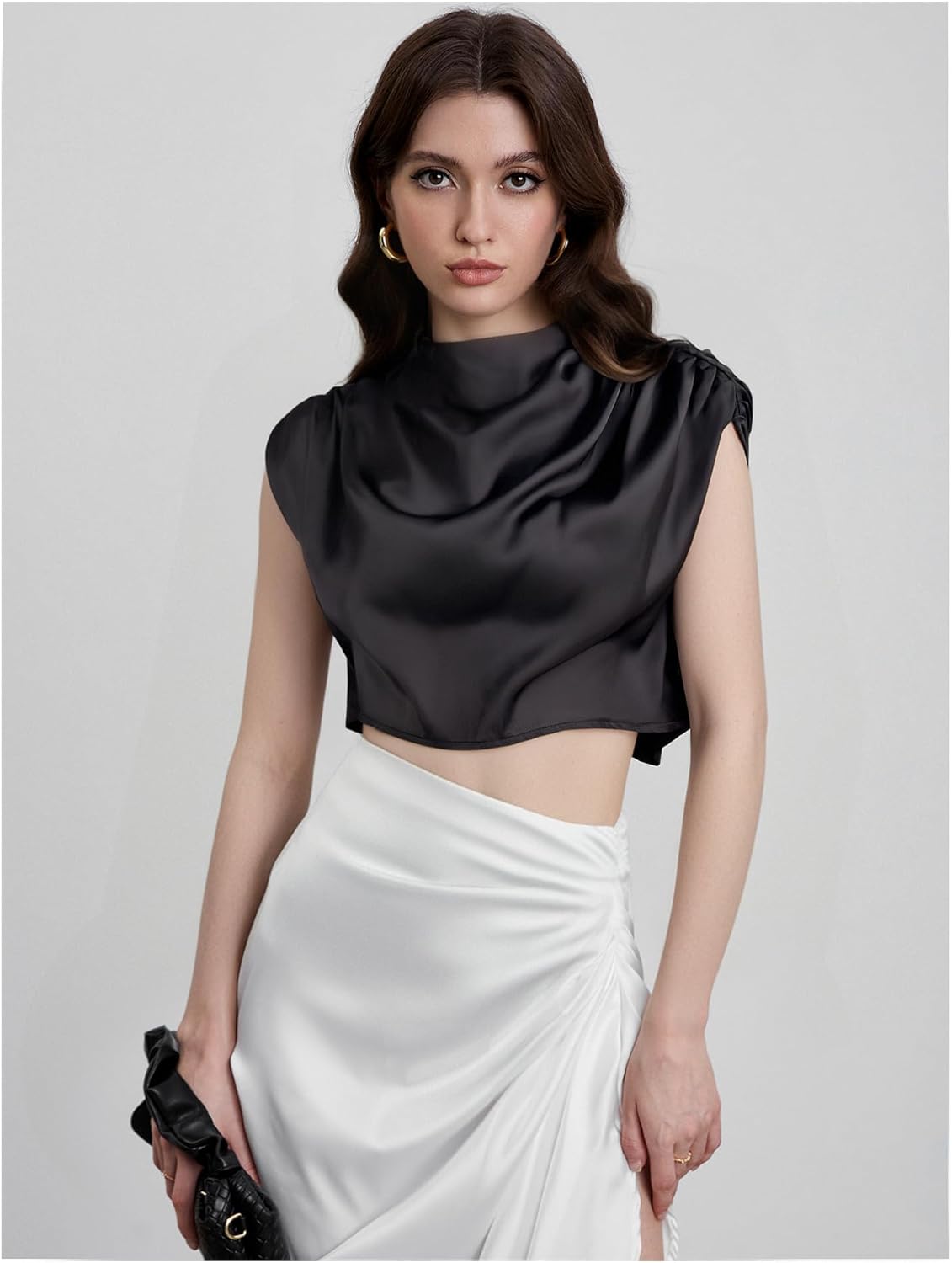 Women's Mock Neck Crop Blouse Cap Sleeve Ruched Elegant Work Office Tops - Image 3