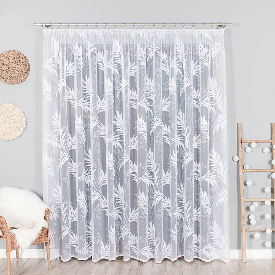Weiß Jacquard 500x180 cm (BxH) Surinam Moderne Gardine Auf Kräuselband Fertig Zum Aufhängen Weiße Dekoschal
