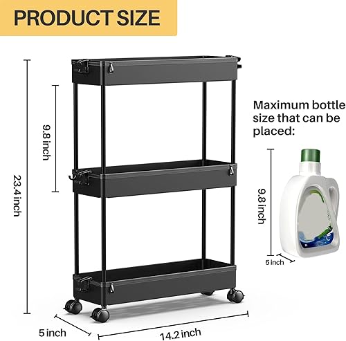 Miniatura 3 de SPACEKEEPER Carrito de almacenamiento delgado con ruedas, organizador de almacenamiento de baño de 3 niveles, carrito de servicio para cuarto