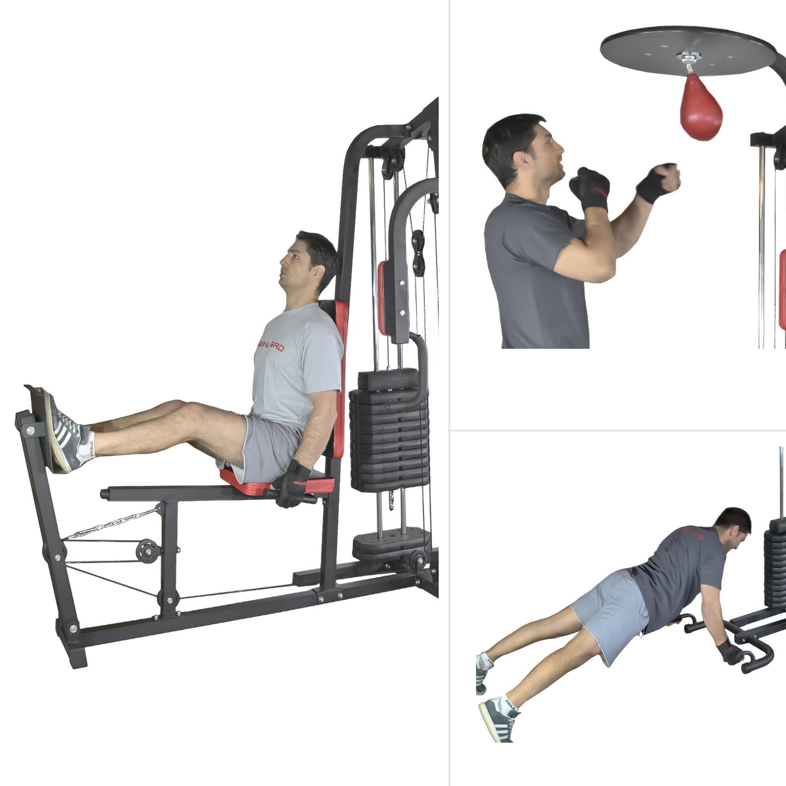 Trainhard HomeGym Multi estación de gimnasio con 65 kg pesos con las piernas de prensa, Speedball-plataforma y push-up Bar