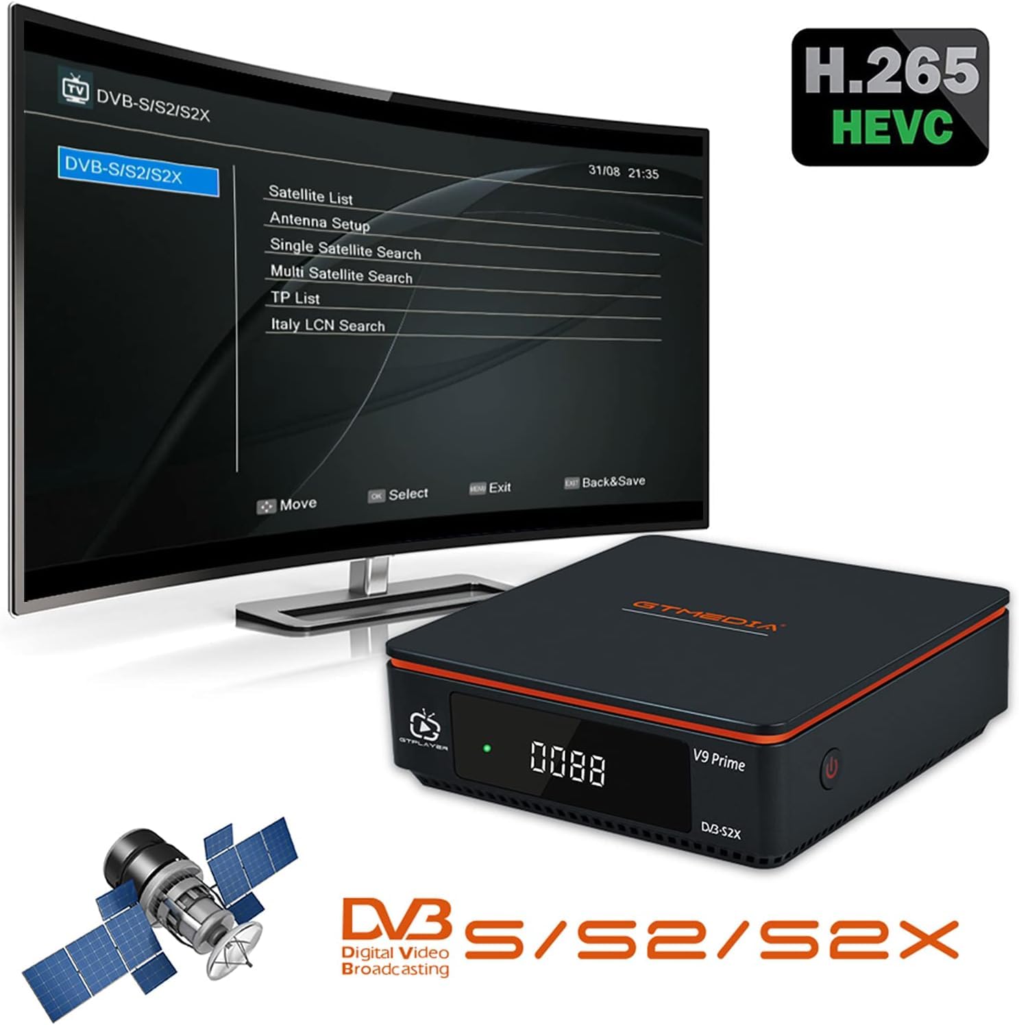 V9 Prime numérique Satellite récepteur H.265 FTA Jouer Gratuitement dv b-S/S2/S2X 10 Bits HEVC intégré Carte de Support WiFi 2.4G, Biss défilement Automatique.
