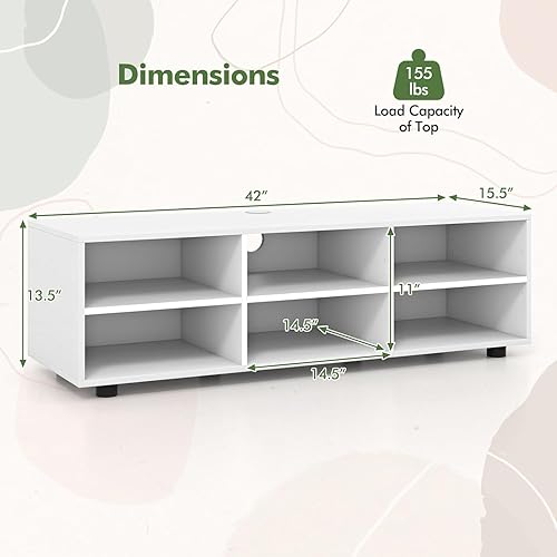 Miniatura 4 de LOKO Soporte de TV de 6 compartimentos para TV de más de 50 pulgadas, mesa consola de TV de madera blanca con 6 cubos de almacenamiento y estantes