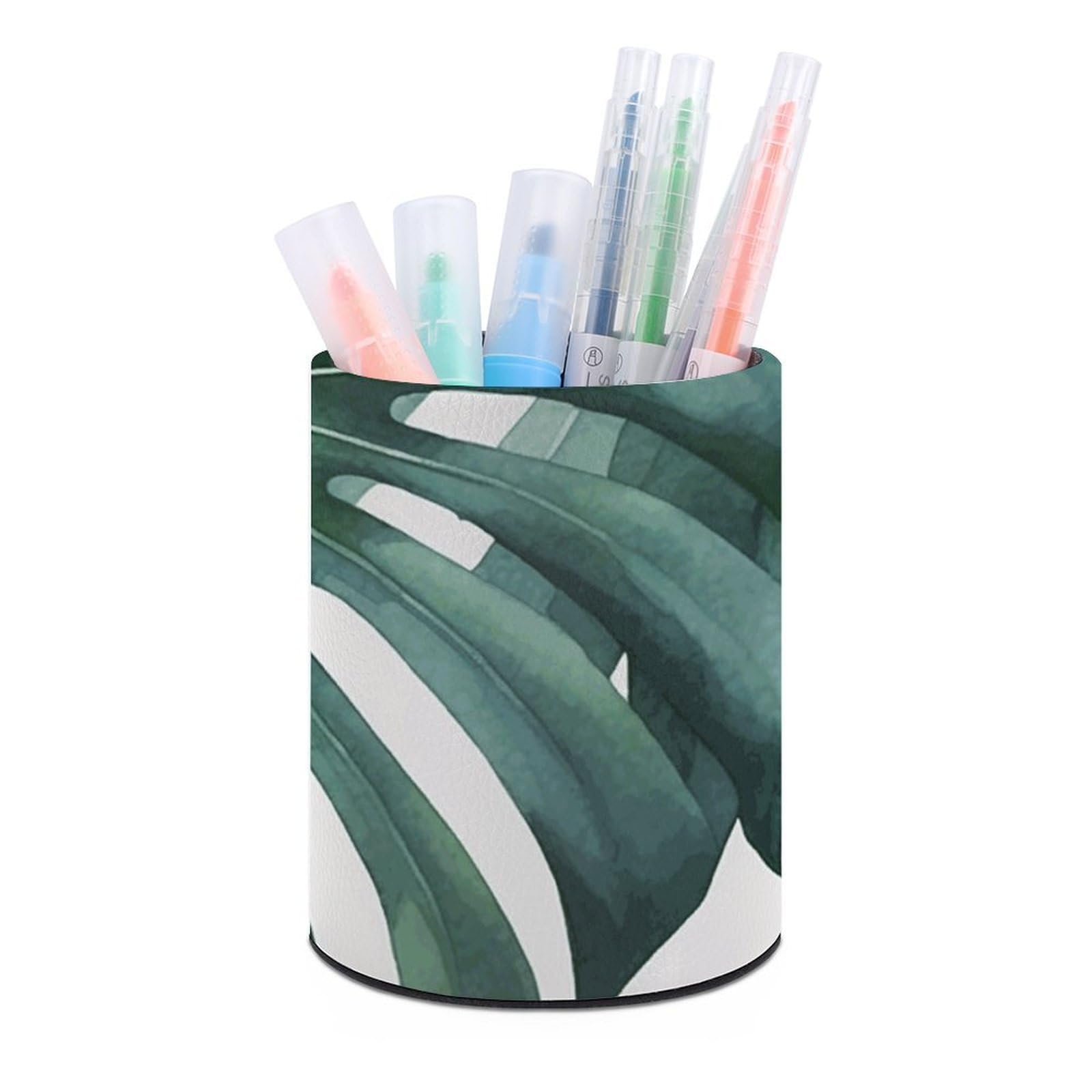DWVTSLH Aesthetic Pen Holder for Desk - Modern Leather Pencil Holder - Stylish Round Makeup Brush Holder - Watercolor Monstera Leaf Pen Cup Cute And Functional Desk Organizer for Office Supplies