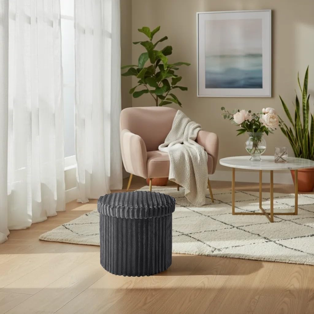 Artistic Fashionista Limited Round Ottoman Storage Box with Lid – Foldable Ribbed Linen Footstool & Seat | Multifunctional Blanket Box, Toy Chest, Laundry & Living Room Storage Bench (Charcoal)
