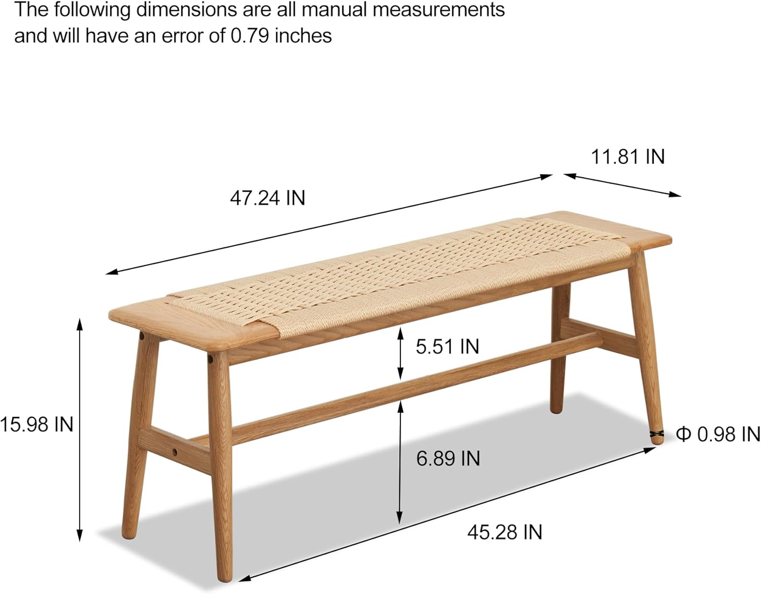 KEIKI Woven Dining Bench, 100% Solid Wood Bench for Dining Room, Bedroom, Living Room, Entryway