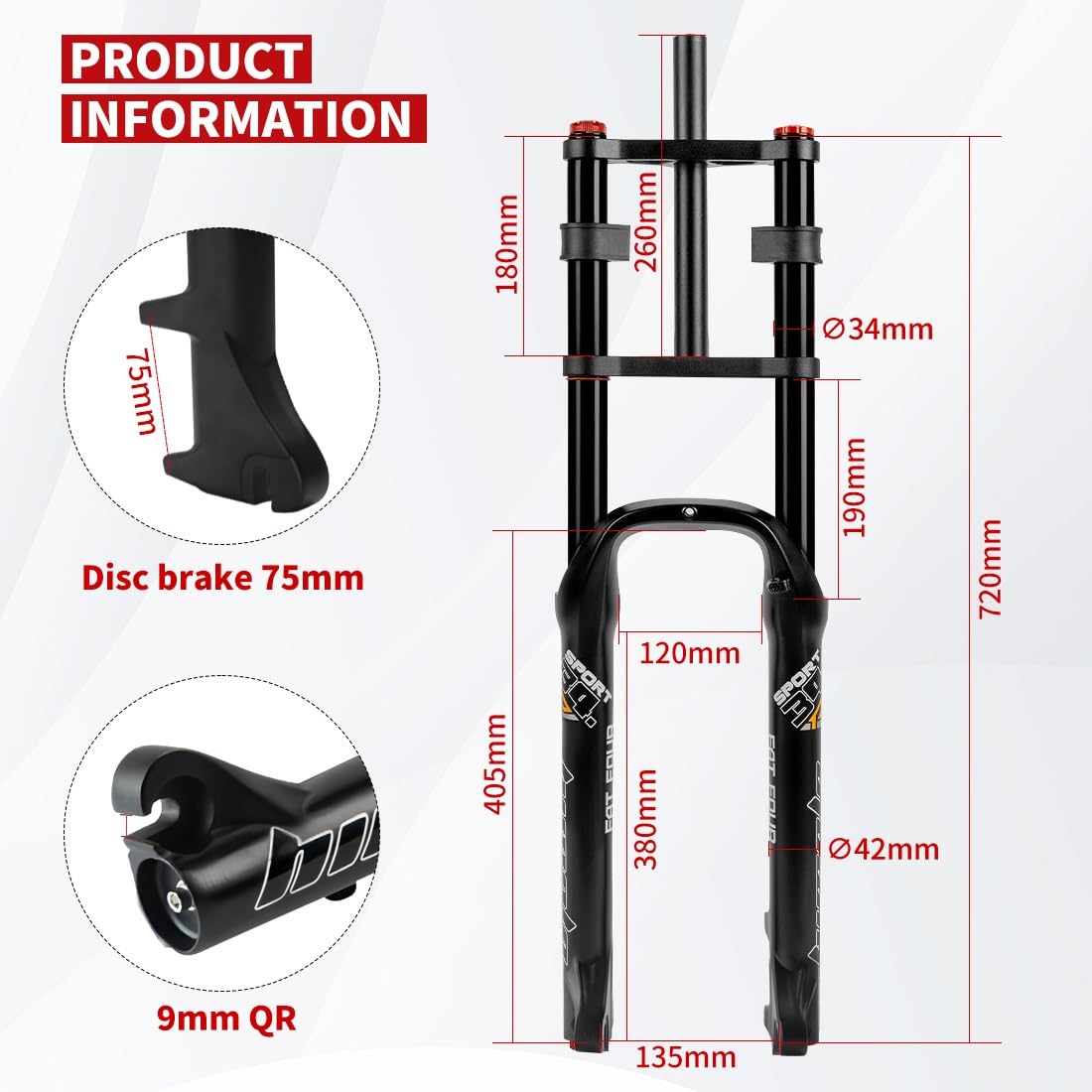 Widelec 26 cali do opon szerokości 4.0, zawieszenie pneumatyczne, skok 140 mm, oś prosta 1-1/8 QR, regulacja odbicia 9 mm, ręczna blokada, rower hamulec tarczowy