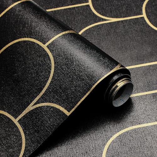 Image of Black and Gold Arches Art Deco Wallpaper for Home - Luxury Geometric Pattern Wall Coverings for Living Room, Bedroom & Office - Textured Metallic Gold & Charcoal Black Accent Decor (45x300cm)