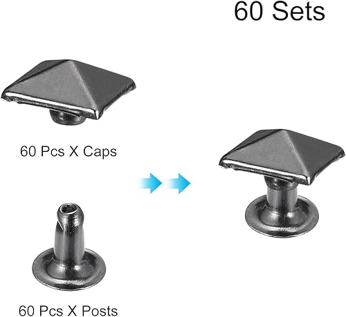 Miniatura 10 de uxcell Juego de 60 remaches de punta para ropa, 0.315 in, remaches rápidos de pirámide, clavos cuadrados punk, de cobre, para decoraciones de