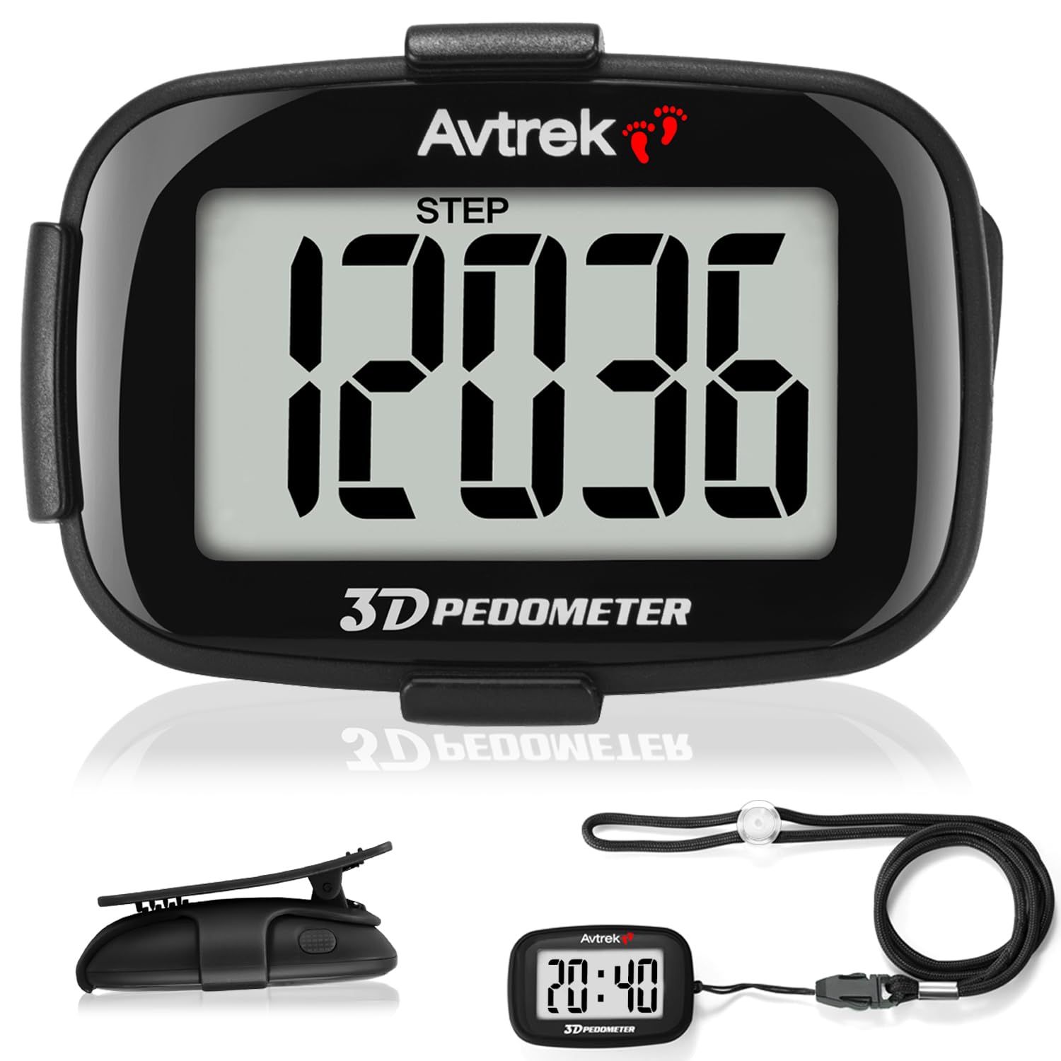 AVTrek Step Counter with Clip and Lanyard, 3D Pedometer with Time Display and LED Backlight, Simple Step Counter for Walking and Running, Men, Women, Elder