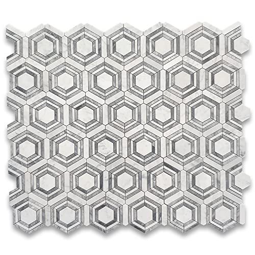 Stone Center Online Carrara White Marble 3 Inch Hexagon Georama Geometric Mosaic Tile W/Bardiglio Gray Strips Polished Kitchen Bath Wall Floor Backsplash Shower (1 Sheet) #TOP1