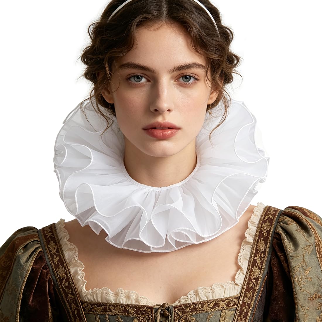 FakeFace Victorian Layered Ruffle Collar Detachable Vintage False Collar Gothic Renaissance Steampunk Clown Ruffled Neck Costume for Carnival Cosplay Party Accessories (White, one size)