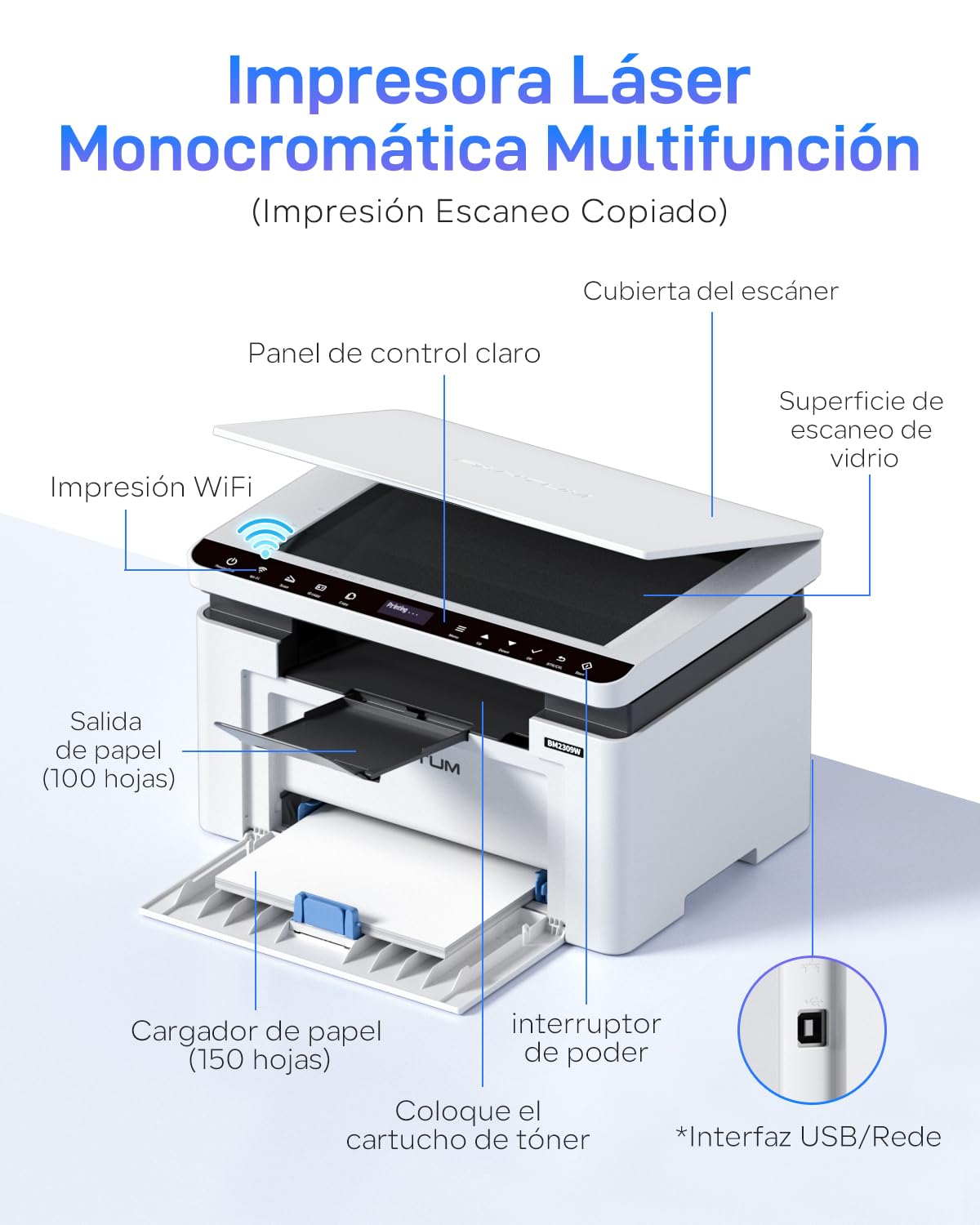 PANTUM Impresora Multifunción Láser Monocromo WiFi (BM2309W, BM2300W), Impresión, Copia, Escaneo, para Oficina y Hogar (A4, 20 ppm, Wi-Fi Direct, USB 2.0, Bluetooth, AirPrint, Mopria)