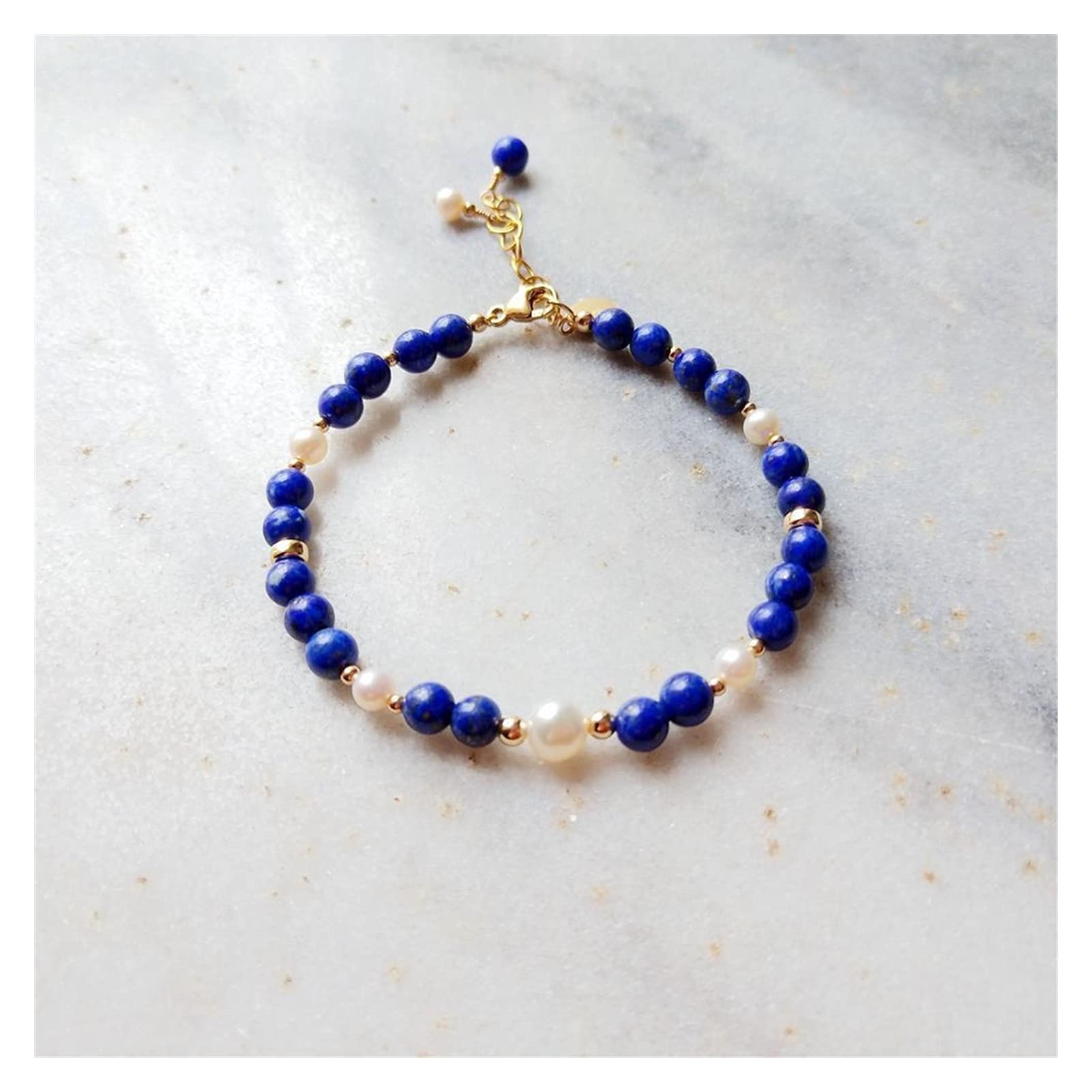 WZGWDC Braccialetti da Donna in Pietra Naturale lapislazzuli Perle 14k GF Colore Regolabile per Donna Uomo Regalo Blu 17