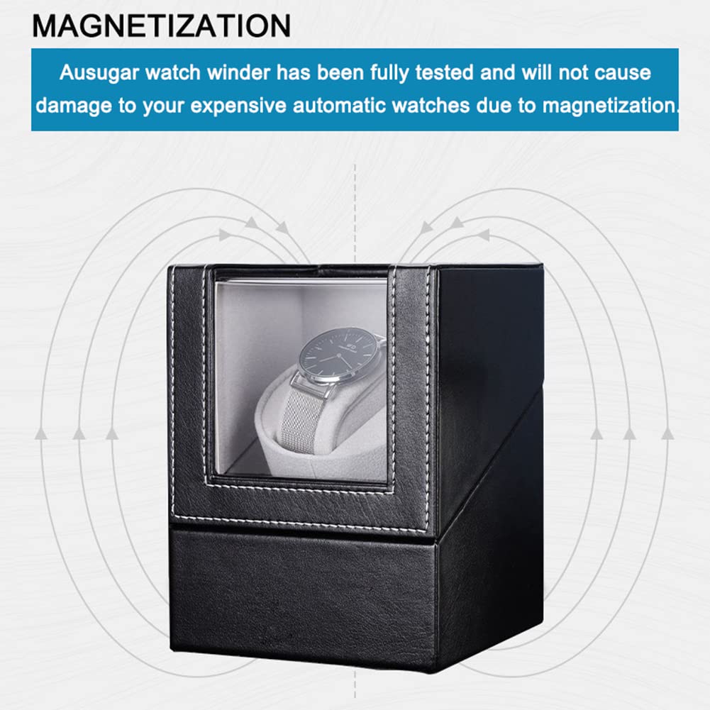Ausugar Single Watch Winder for Automatic Watches, Super Quiet, in Wood Shell and Black Leather/Carbon Fiber Leather, Japanese Motor