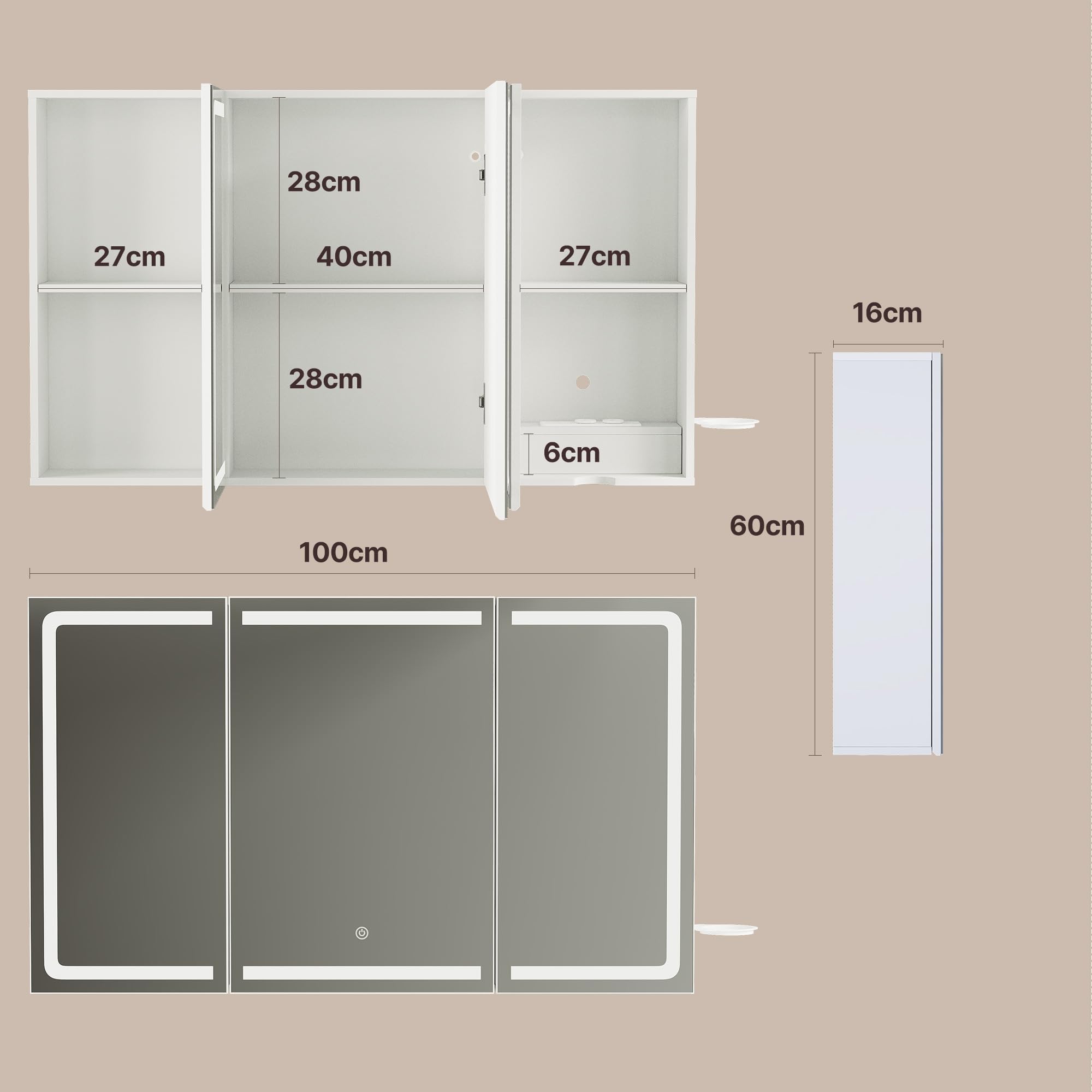 Xbro Spiegelschrank Bad mit LED-Beleuchtung 100×16×60 mit Steckdose, Seitenablage, verstellbaren Spiegeltüren, Weiß