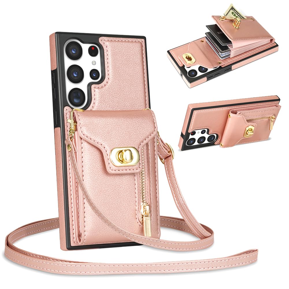 Kruysozz Crossbody Wallet Case for Samsung Galaxy S24 Ultra, Flip Leather Purse Case with Card Holder, Protective Handbag Women Phone Cover with
