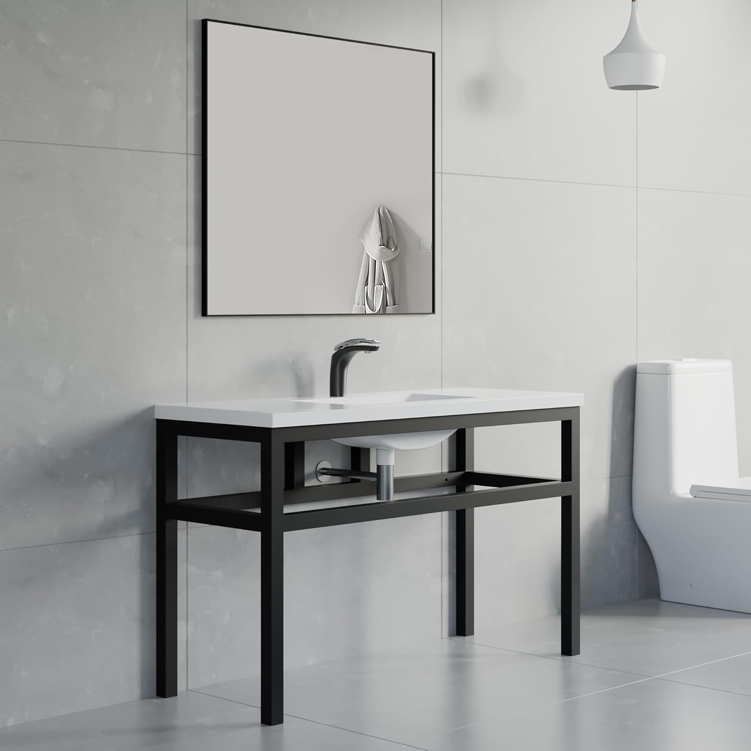 Dowell 48" White Stone Resin Double Basin with Black Stand/Console – Modern Freestanding Bathroom Sink with Black Pedestal Legs, Rectangular Wall-Mounted Vessel Vanity Basin- 070 4818/7003 4818