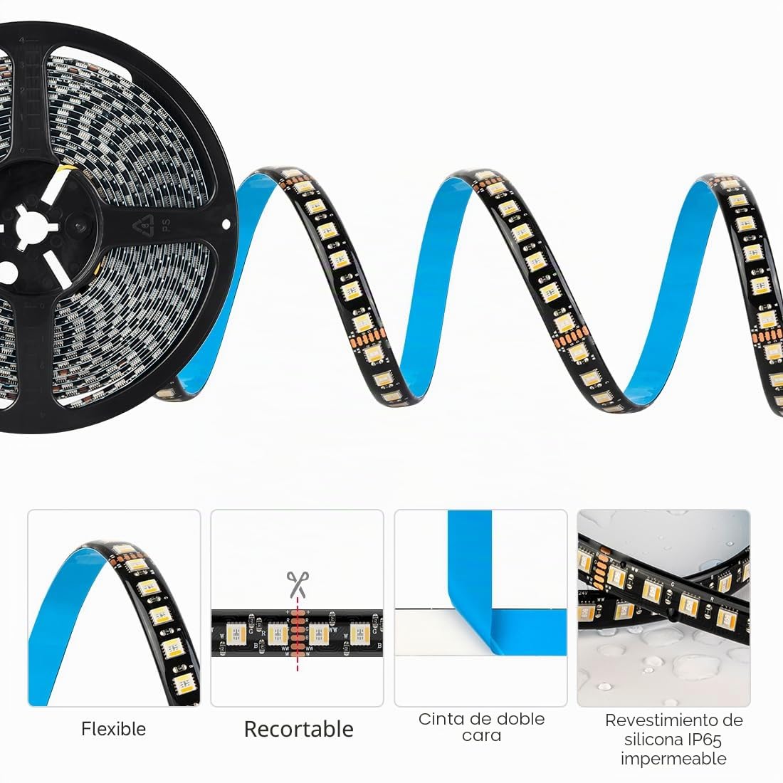 SEZO 5050 RGBCCT tira de luz LED 5 en 1 RGB+Blanco Cálido 3000K-6000K 24V 5M 96LEDs/M IP65 Impermeable RGBW RGBWW Superbright led Tira LED para la Iluminación del Hogar y el Dormitorio