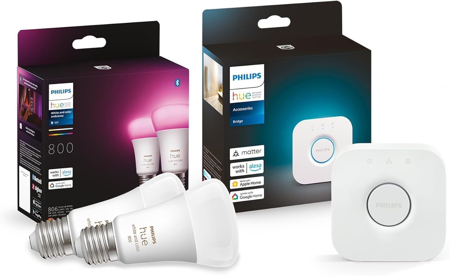 Philips Hue Kit de Démarrage Ambiance Blanc et Couleur : 2 Ampoules connectées LED E27 60W, Contrôle Bluetooth et Pont, fonctionne avec Alexa/Google Home, Expérience Lumineuse Personnalisée