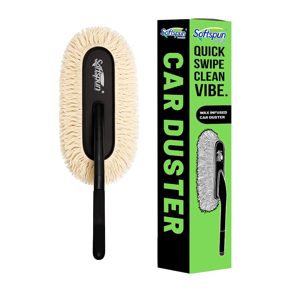 Image of SOFTSPUN Essentials Car Duster - Off White, Long-Handle Lint-Free & Scratch-Free Car Cleaner Brush with SiO2 Wax Infused Cotton Strands for Enhanced Dust Removal (Exterior Car Cleaning Tool)