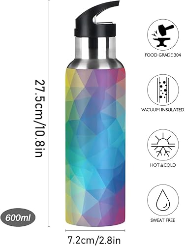 Miniatura 9 de Geometric Rainbow Gradient Stainless Steel Vacuum Insulated Water Bottle 20 Oz Leakproof Water Bottles, BPA-Free Sports Water Bottle