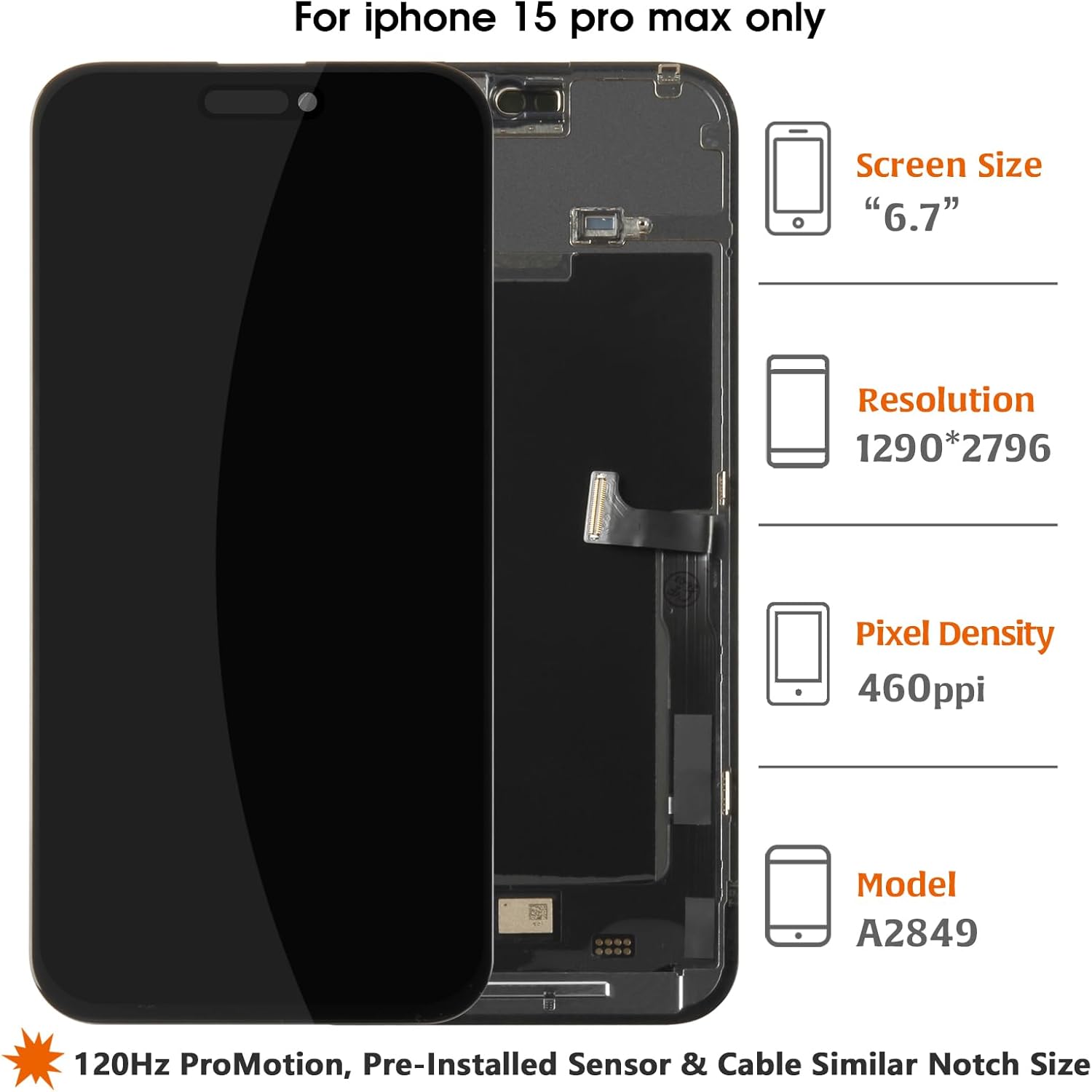 TFT for iPhone 15 Pro Max Screen Replacement [120Hz Promotion+Proximity Sensor Cable LCD Display Touch Digitizer Assembly A3106 A2849 A3105 A3108 with Tools