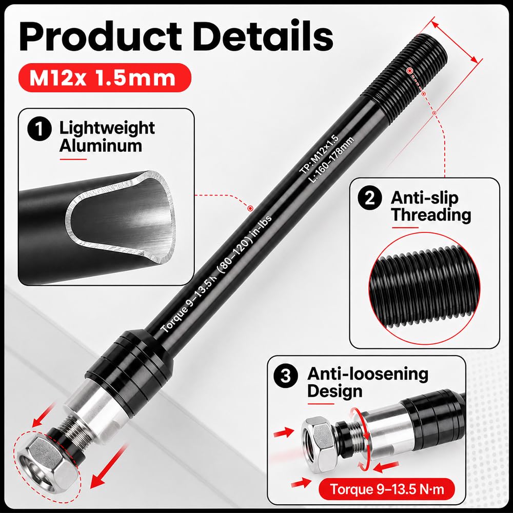 Adapter osi wtykowej do przyczepy rowerowej, M12 x 1,75 (160–178 mm), regulowana długość trzpienia, szybki montaż, adapter osi wtykowej, wytrzymały, lekki, kompatybilny z Thule, Qeridoo