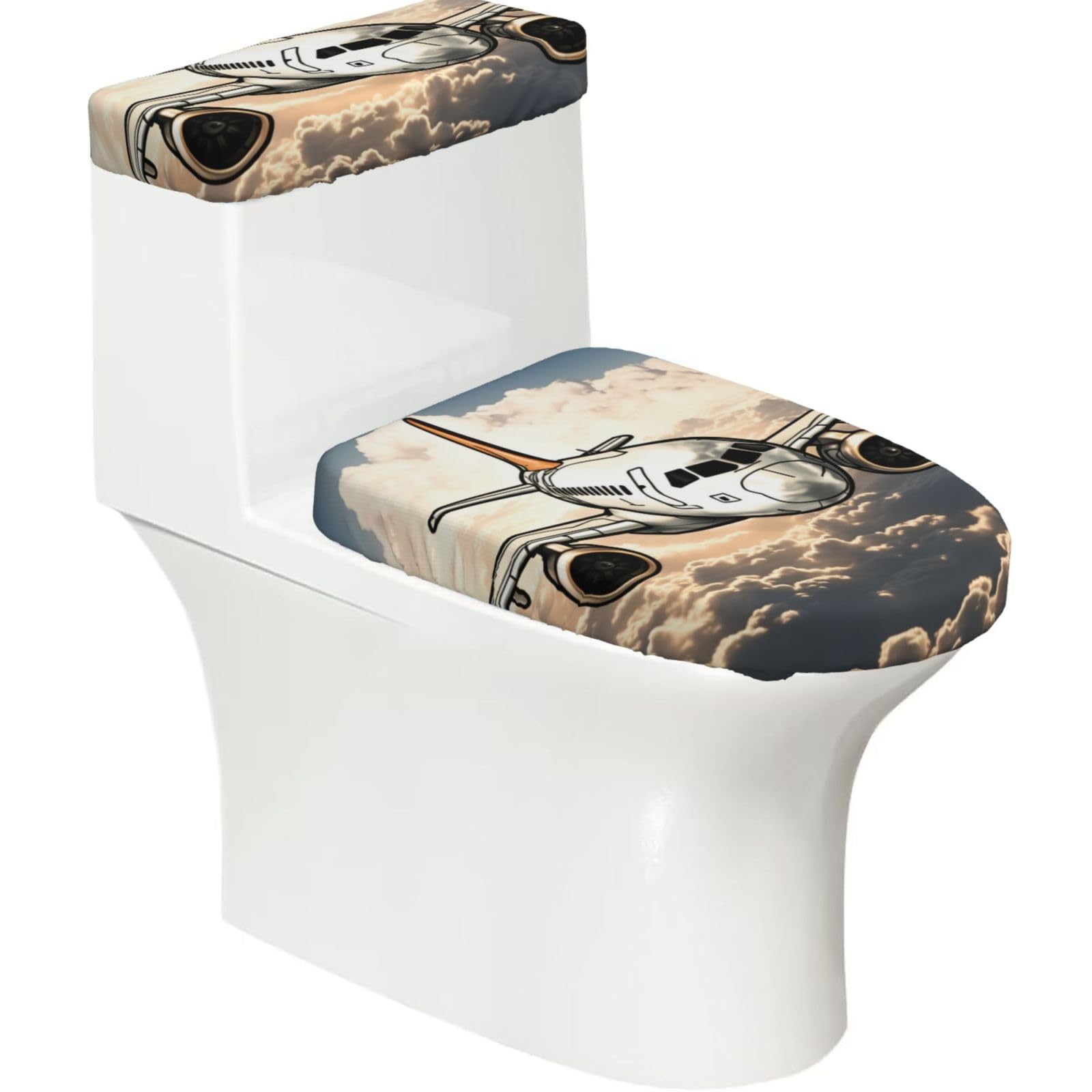 Fodpand Black Airplane Flying Toilet Lid Cover And Toilet Tank Cover Set, Washable Soft Toilet Seat Cover With Elastic Bottom, Universal Stylish Toilet Cover Set For Bathroom Decor Accessories