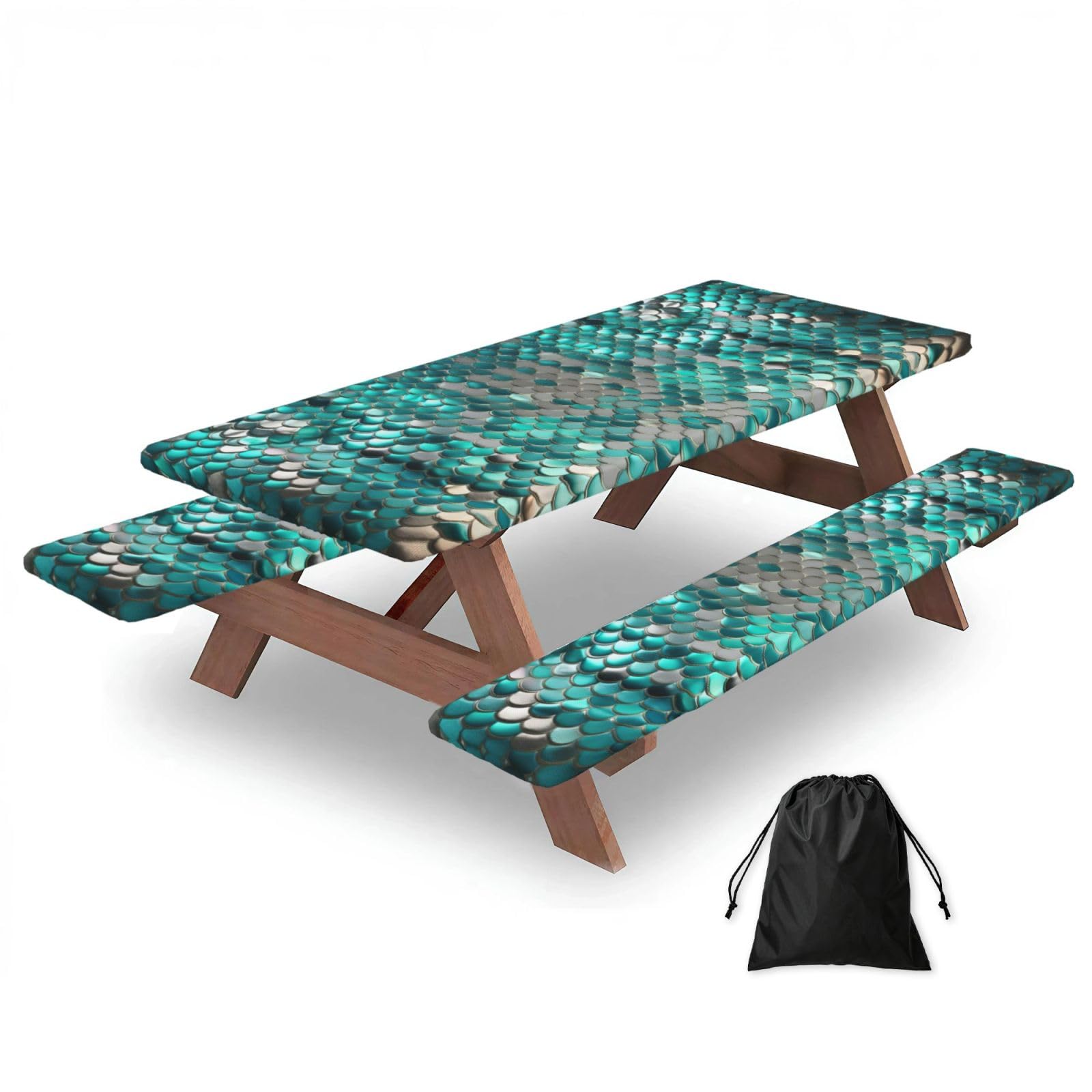 Zyjhyy Black Mermaid Scale Print Party Table Covers With Bench Covers Set Of 3 Picnic Table Cloth Wipe Clean For Garden Camping
