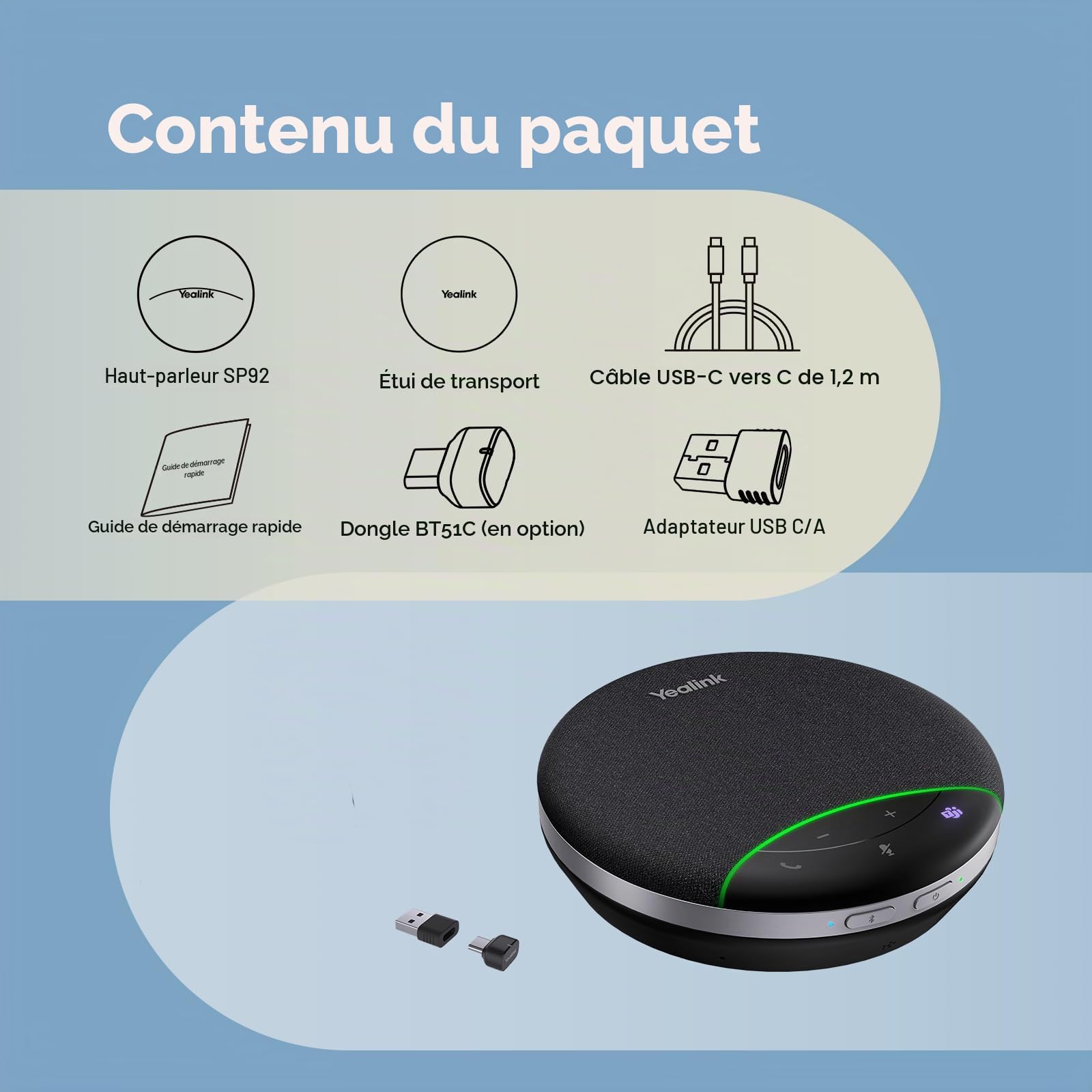 Yealink SP92 Enceinte Portable Conférence, Enceinte Bluetooth Haut-Parleur avec dongle, Microphone antibruit IA, autonomie d'appel de 20 Heures, Portée de 100 Pieds pour Petite Salle de réunion