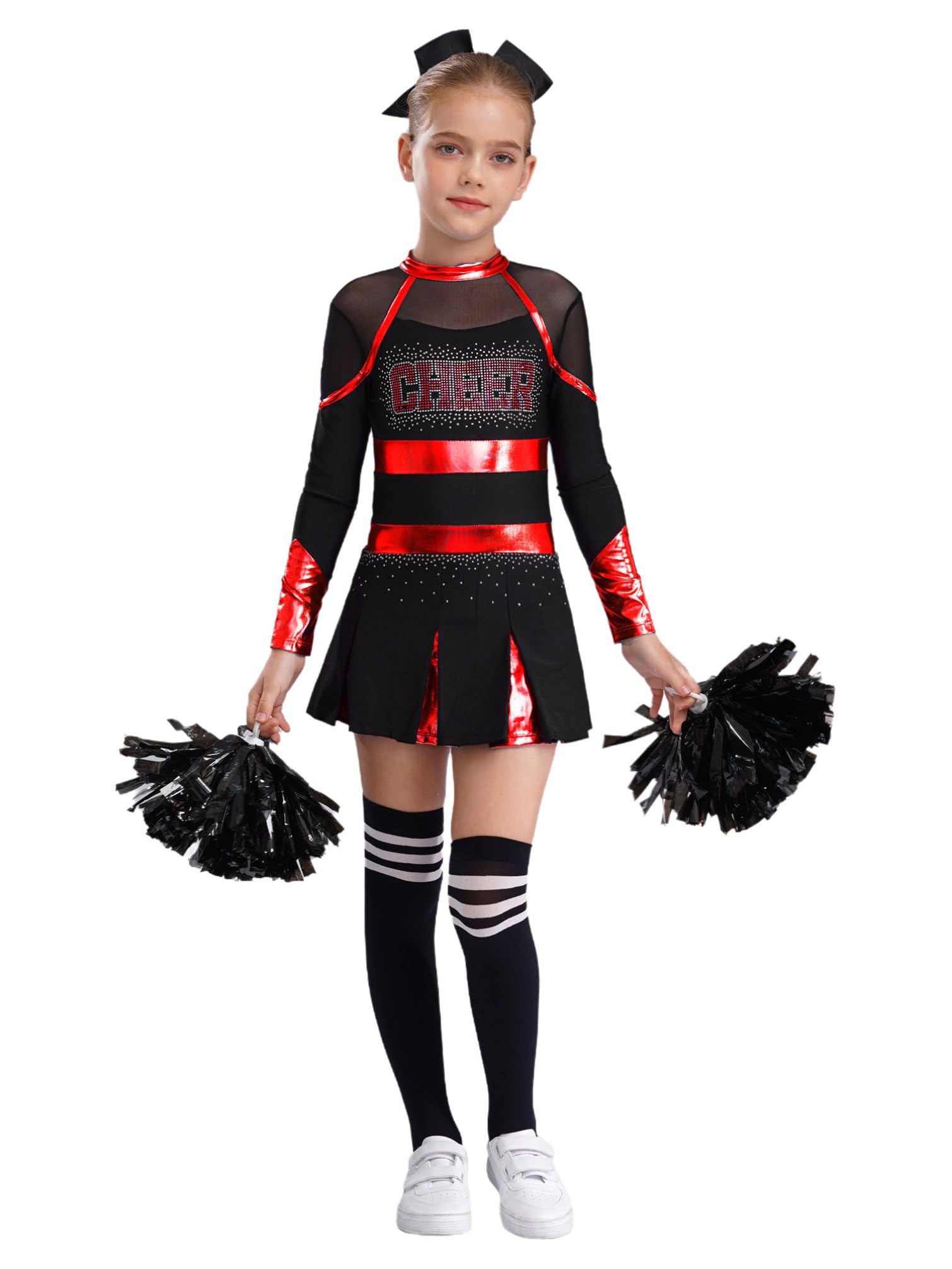 TiaoBug Girls Halloween Party Cheer Leader Outfits Long Sleeve Cheerleading Dance Dress and Headwear Pom Pom Socks