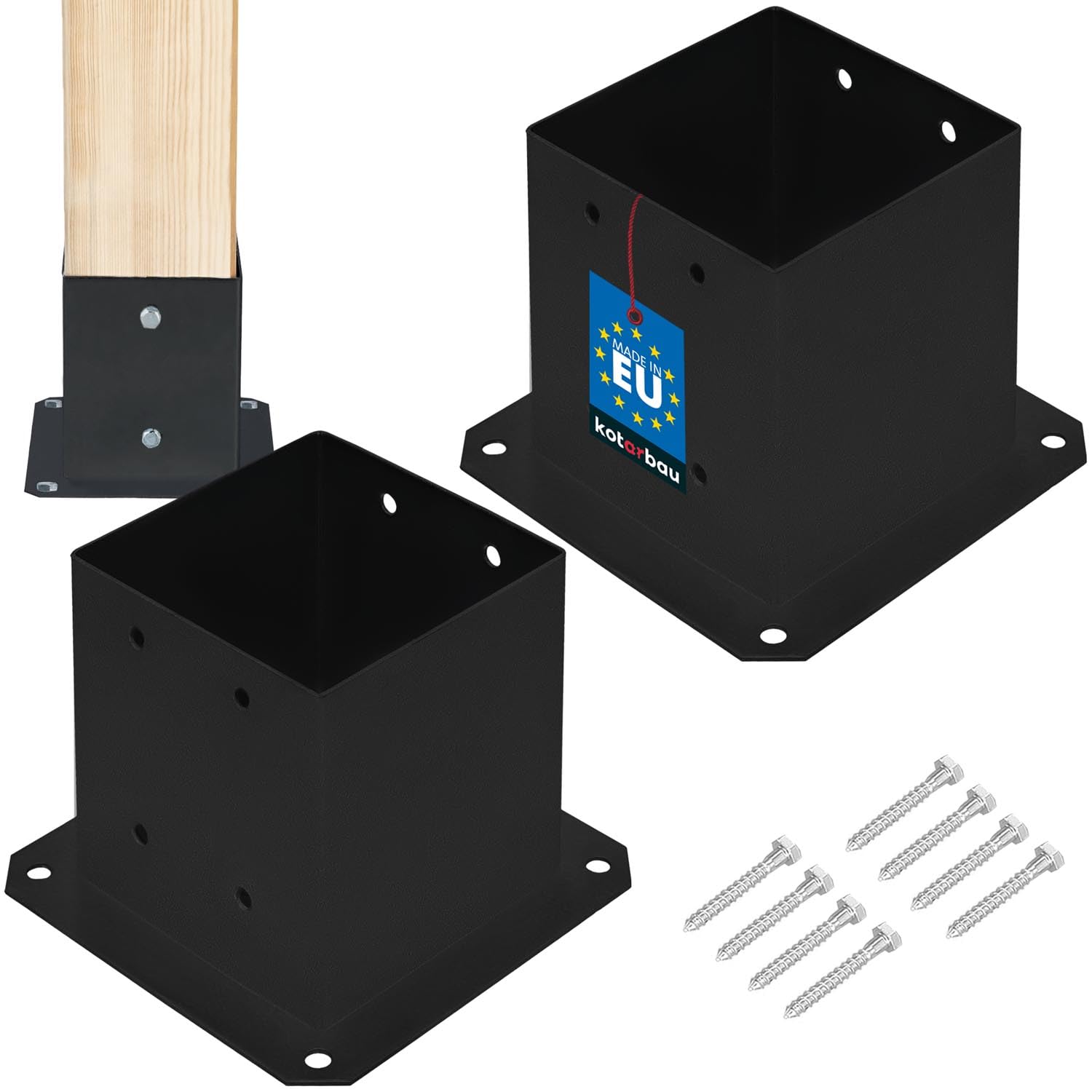 Kotarbau Black Kotarbau® 2 Pcs Fence Post Support - Post Base - Powder Coated Steel - 140X140 Mm (5.51X5.51 In) - Bolt Down Support - Heavy Duty - For Wooden Beams - Weather Resistant
