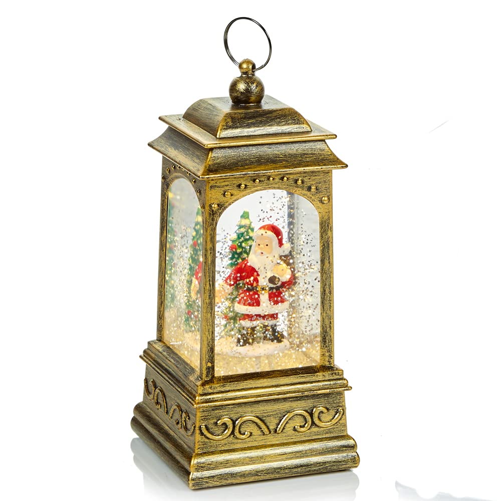 Premier Christmas Glitter Gold Water Spinner 'LED Lantern' Decoration - Santa Scene Design