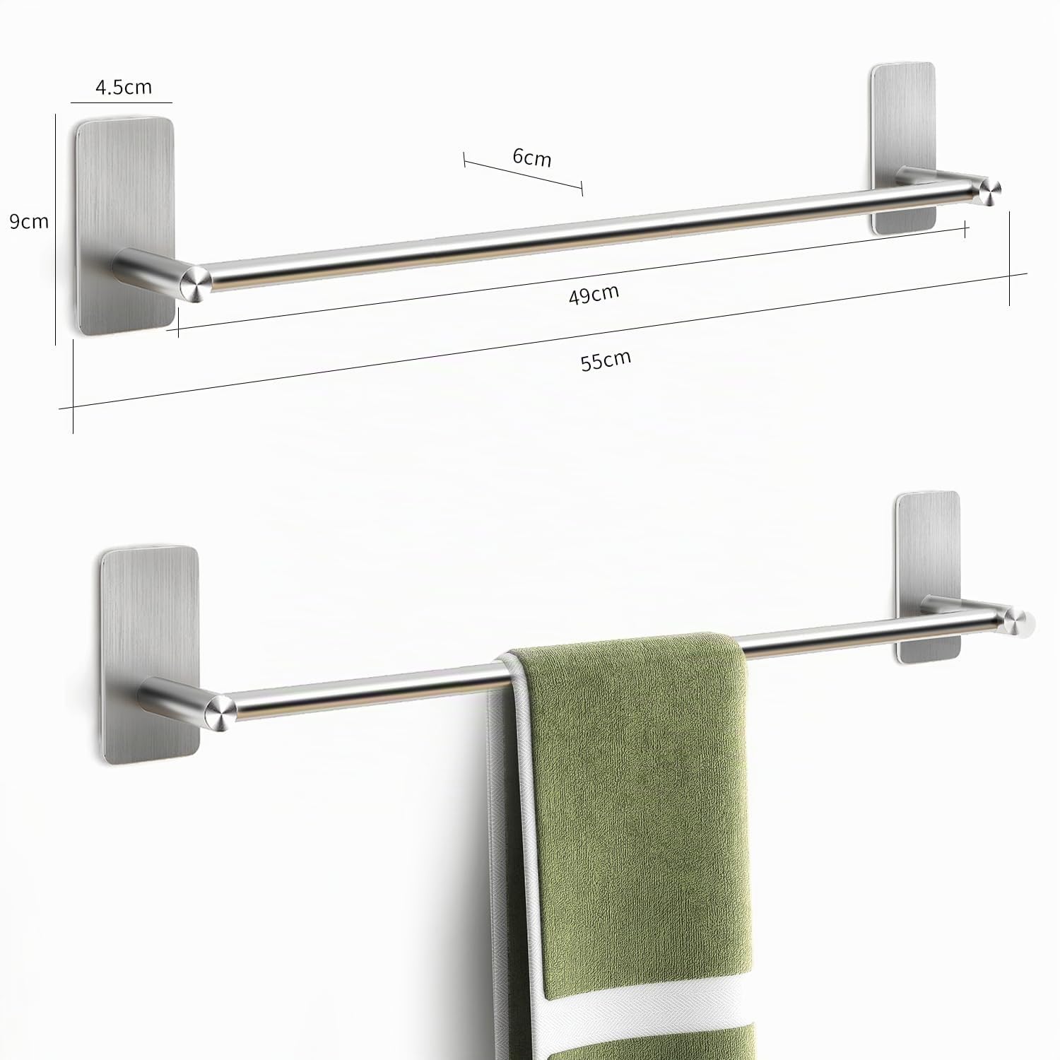 JS Barre Porte-Serviettes Auto-Adhesif en Acier Inoxydable Brosse pour Salle de Bain, 55 cm, Chambre a Coucher, Cuisine - Argente