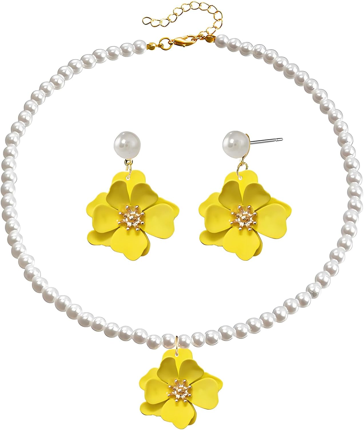 Dreuyet Bohemian Daisy Flower Earrings Necklace Set for Women Boho Layered Matte Long Petal Earring Dainty Floral Pearl Necklace Wedding Spring Holiday Jewelry