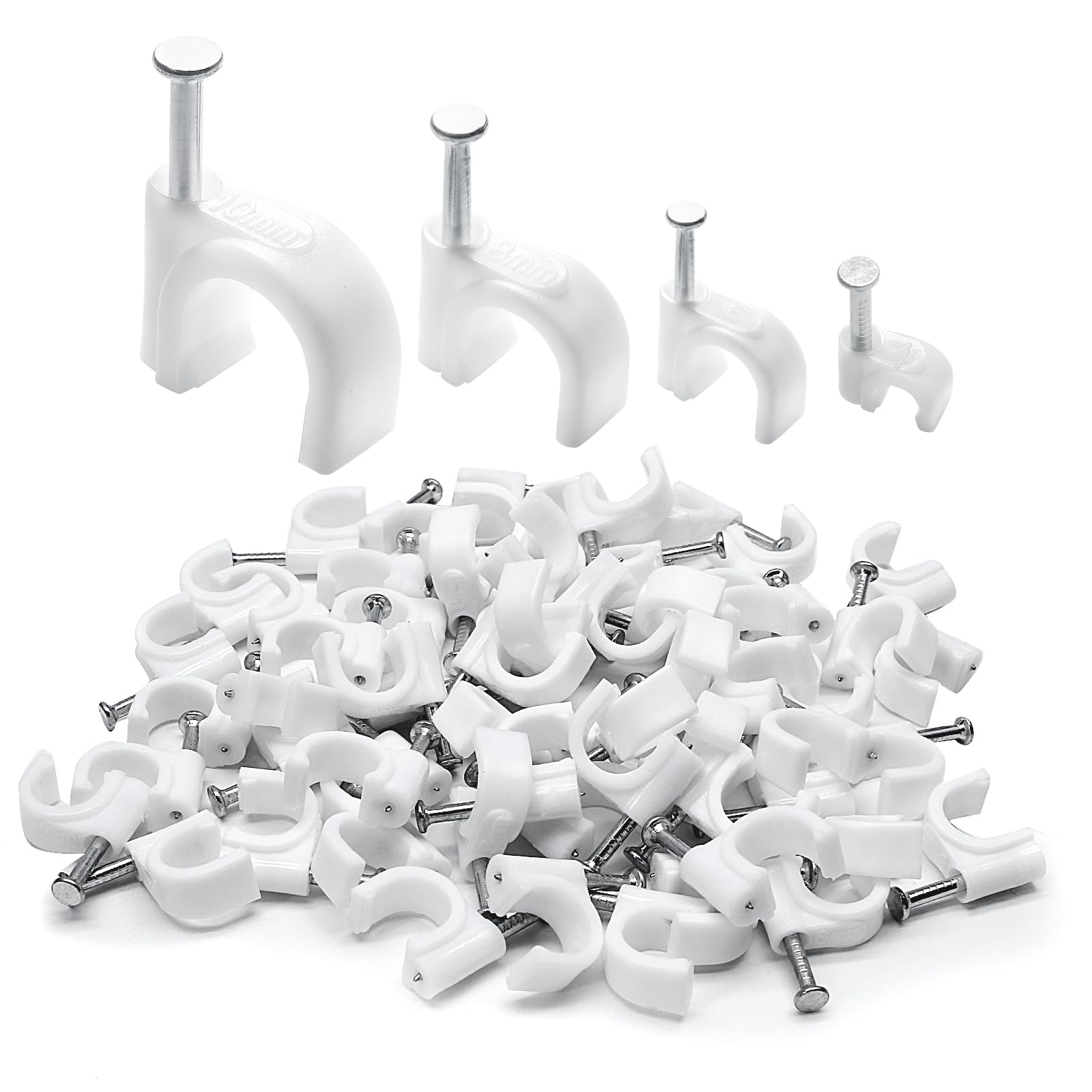 400pcs Cable Clips, 4mm 6mm 8mm 10mm Half Clamp J-Hook with Nail, Nail in Cable Clips Ethernet Cable Nails Tacks Clips, White