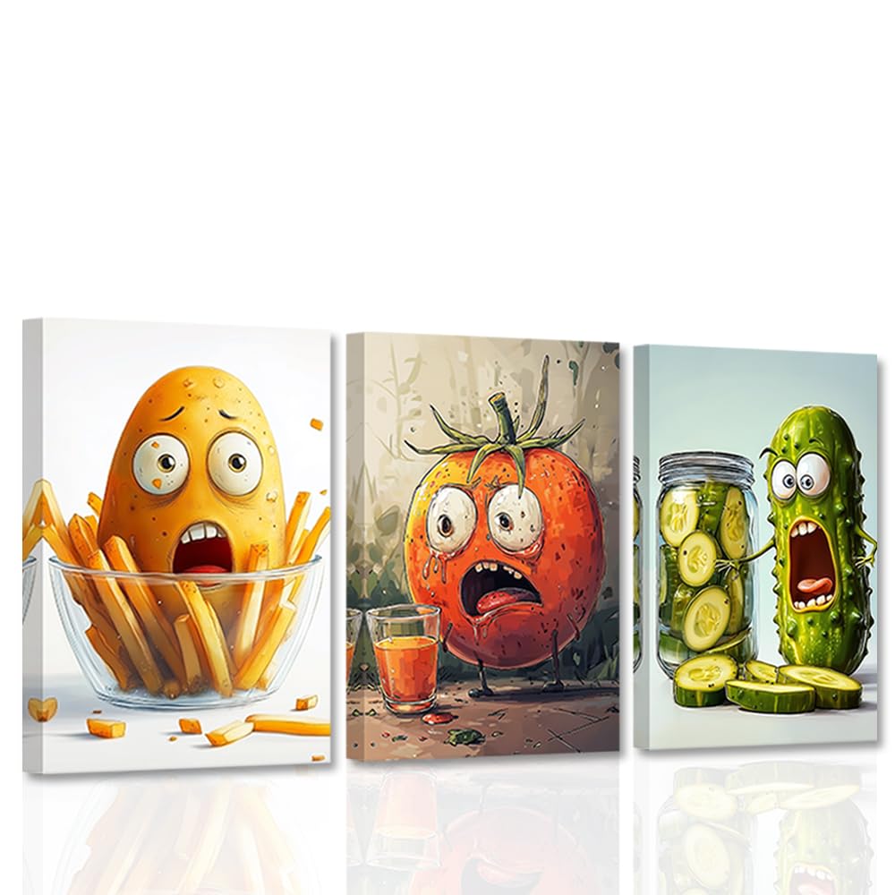 CCWACPP Funny Kitchen Wall Art Vegetable Wall Decor 3 Pieces Potato Tomato Cucumber Pictures Food Canvas Prints Dining Room Kitchen Decor Framed (30x40cmx3)
