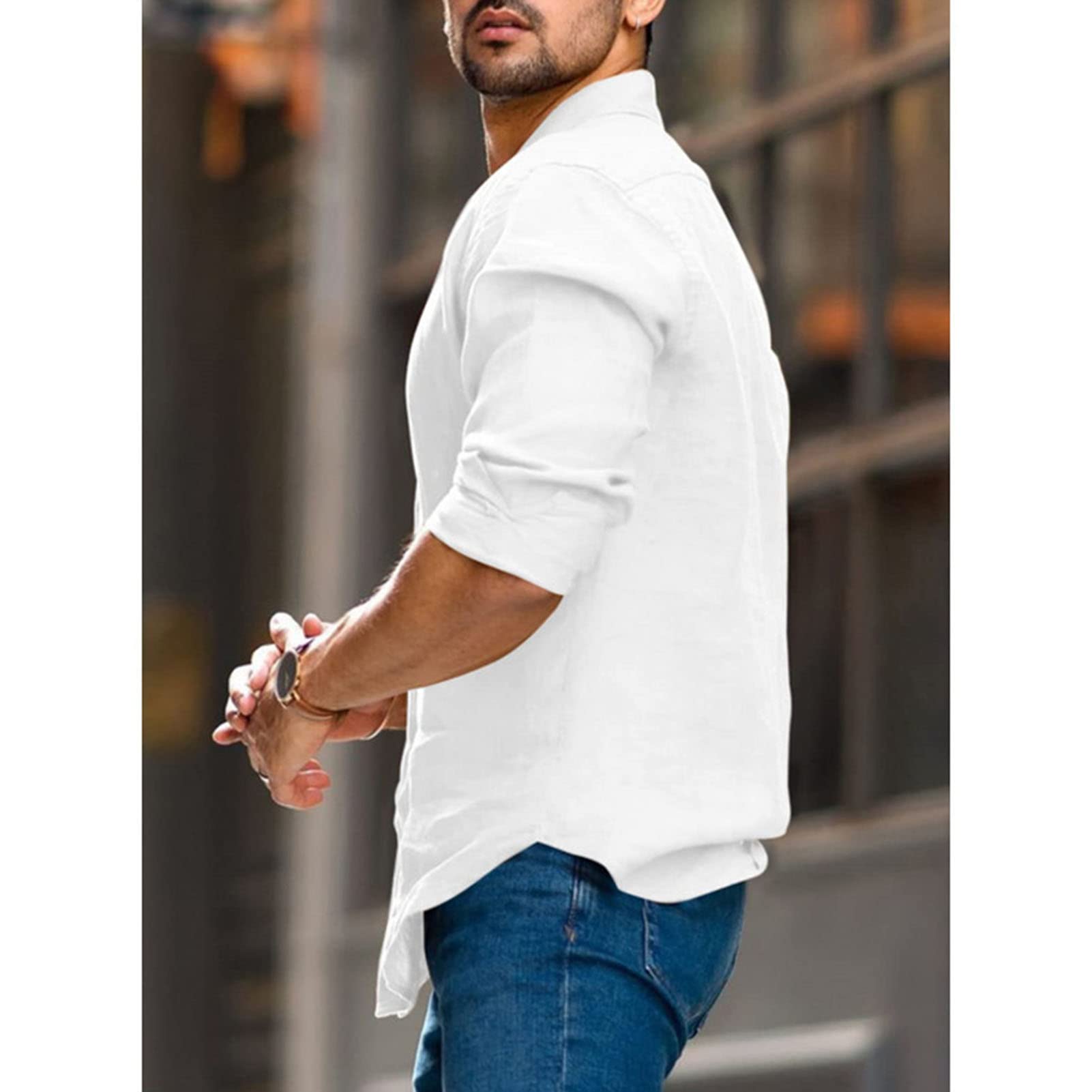 Maiyifu-GJ Mens Long Sleeve Solid Color T-Shirts Casual Cotton Buttons Down Beach Shirts Plain Roll-Up Sleeve Summer Blouses (White,X-Large)