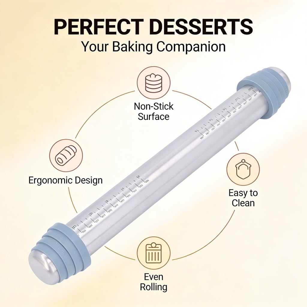 Rodillo de acero inoxidable con 4 anillos guía de silicona, rodillo de masa antiadherente de 16.5 pulgadas para un grosor uniforme, herramienta antideslizante para hornear pasteles y galletas