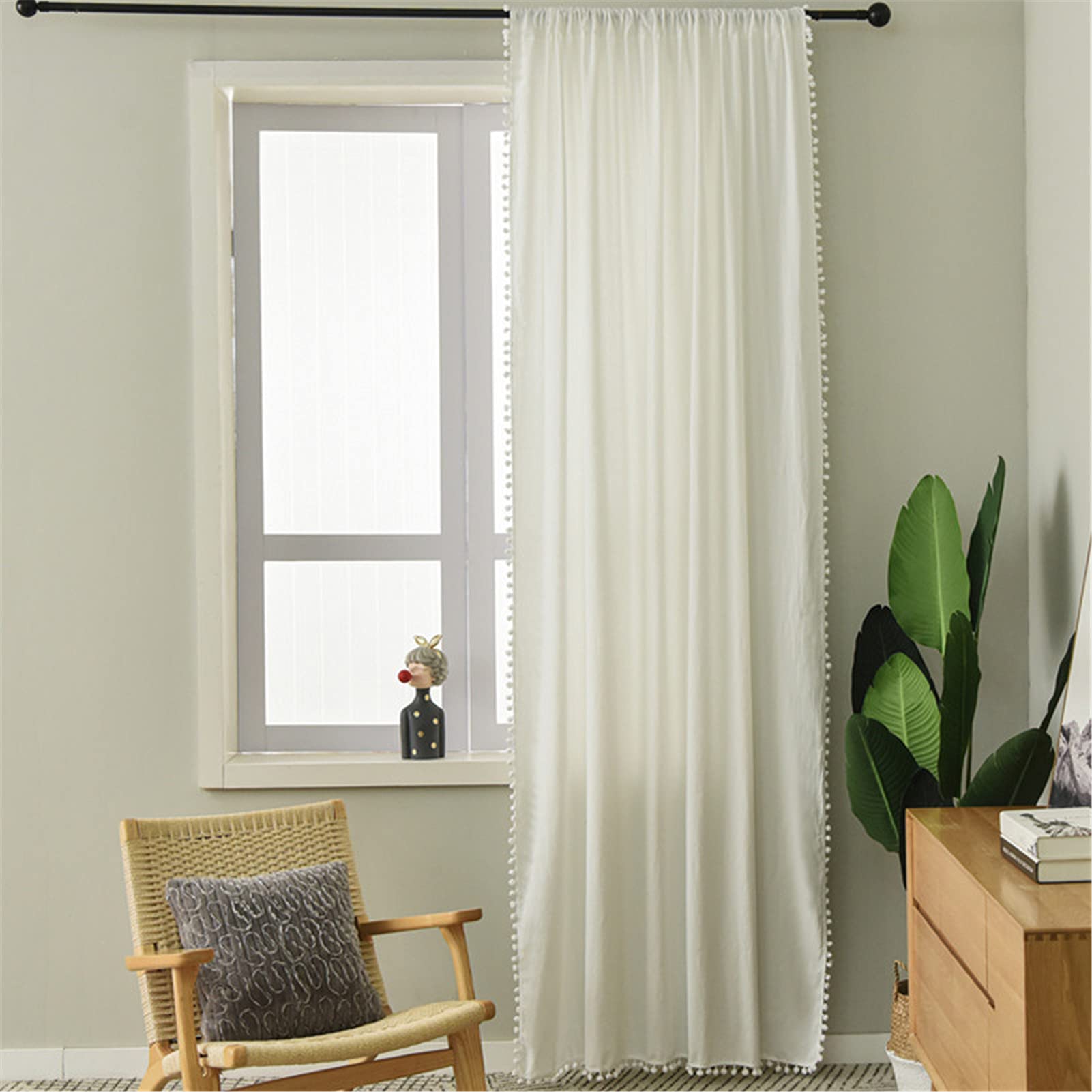 1 rideau style bohème avec pompons transparents en coton et lin - Rideau chic pour salon et chambre à coucher (blanc, 140 x 240 cm)