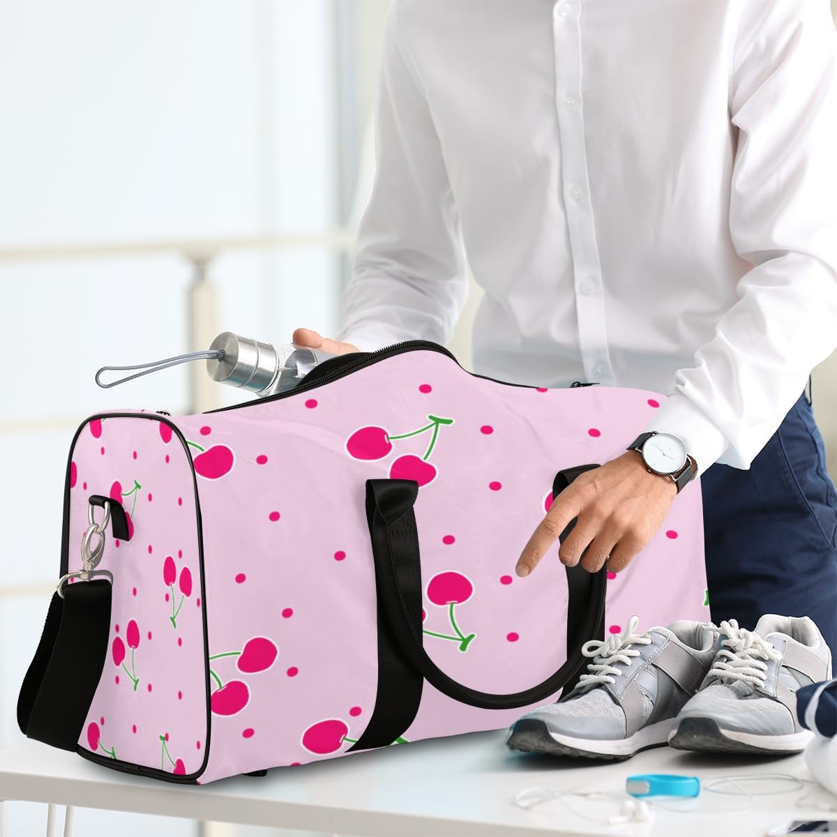 Cherries Dots Travel Duffel Bag for Women Men Large Capacity Overnight Weekender Bags for Lightweight Waterproof Sport Gym Bag for Workout Yoga Swim