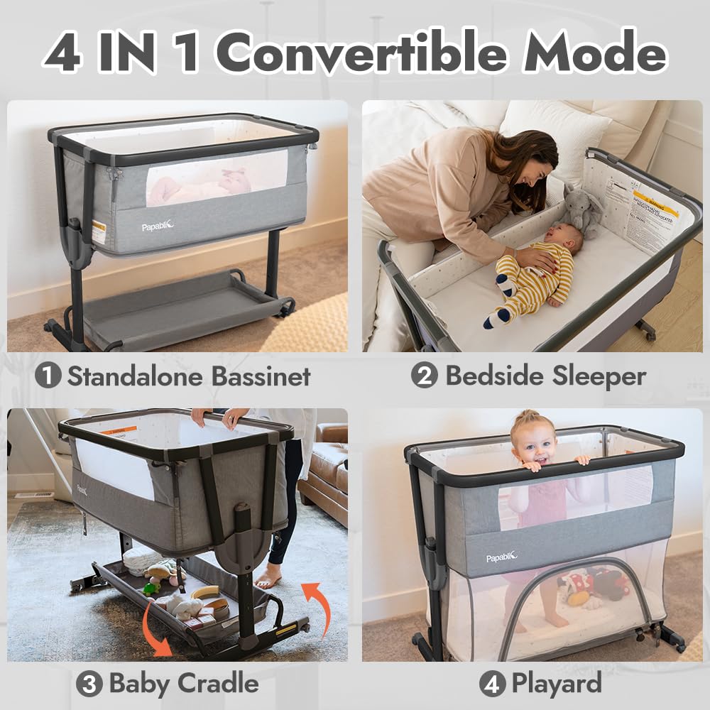 Papablic 4 in 1 Baby Bassinet, Bedside Bassinet for Baby, Adjustable Bedside Sleeper with Soft Mattress & Storage Basket, Easy to Assemble, Black