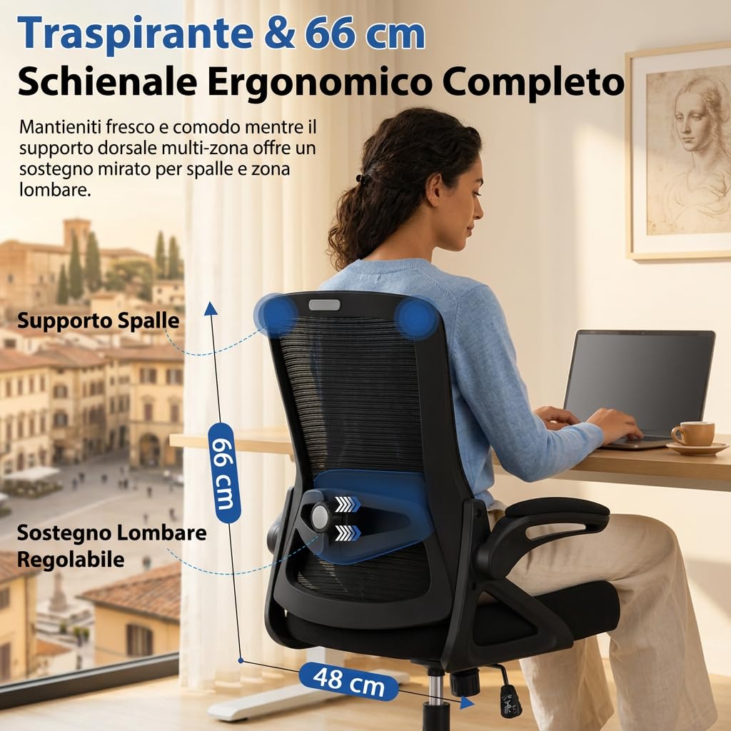 Sedia Ufficio Ergonomica, Sedia da Scrivania in Rete con Supporto Lombare 4D, Braccioli Ribaltabili 90°, Schienale Alto, Altezza Regolabile, Basculante 90°-125°, Portata 130 kg