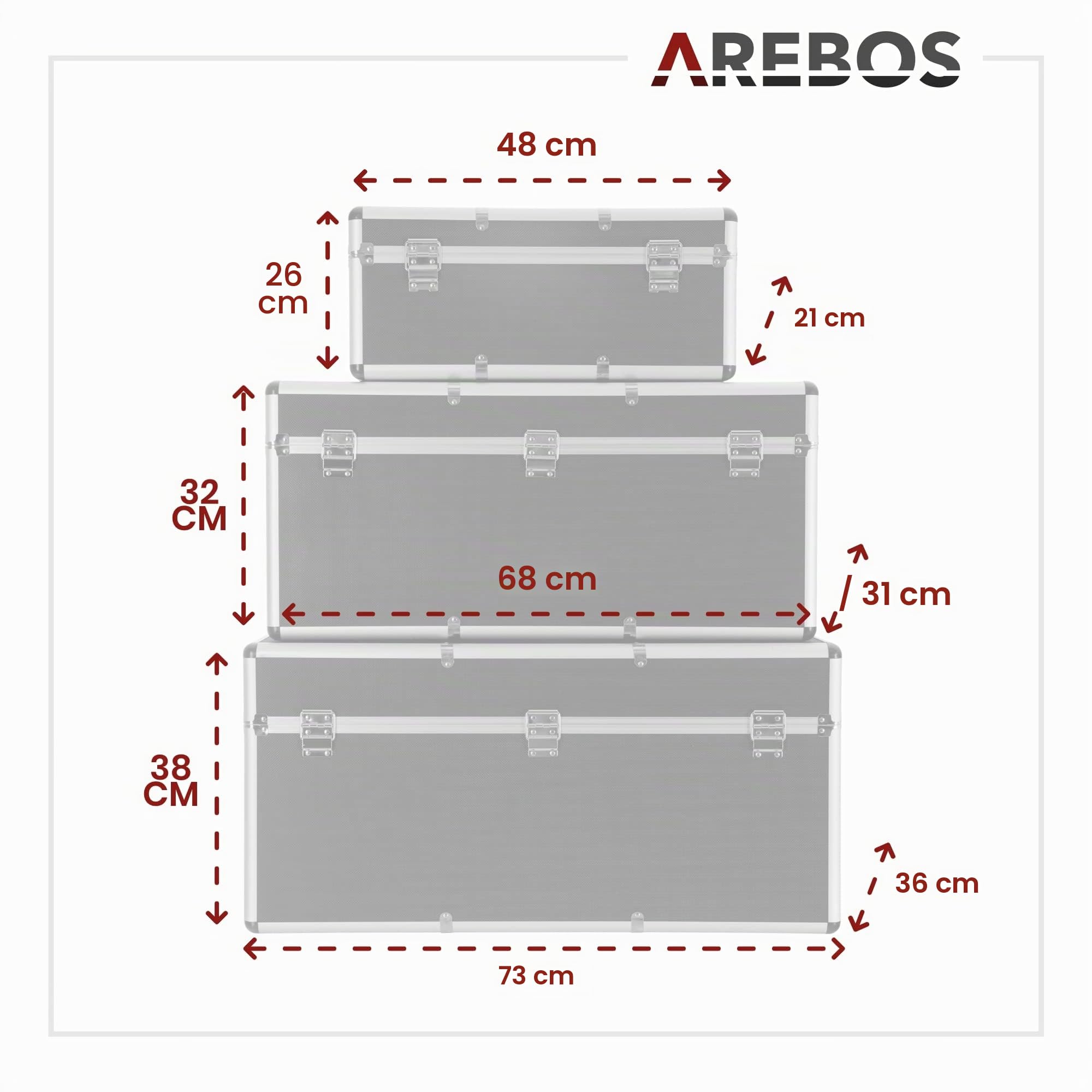 Arebos Set de 3 Valises de Transport en Aluminium – 200 L Volume Total, Verrouillables, Imperméables, Construction Renforcée, Utilisation Universelle | Boîtes de Transport