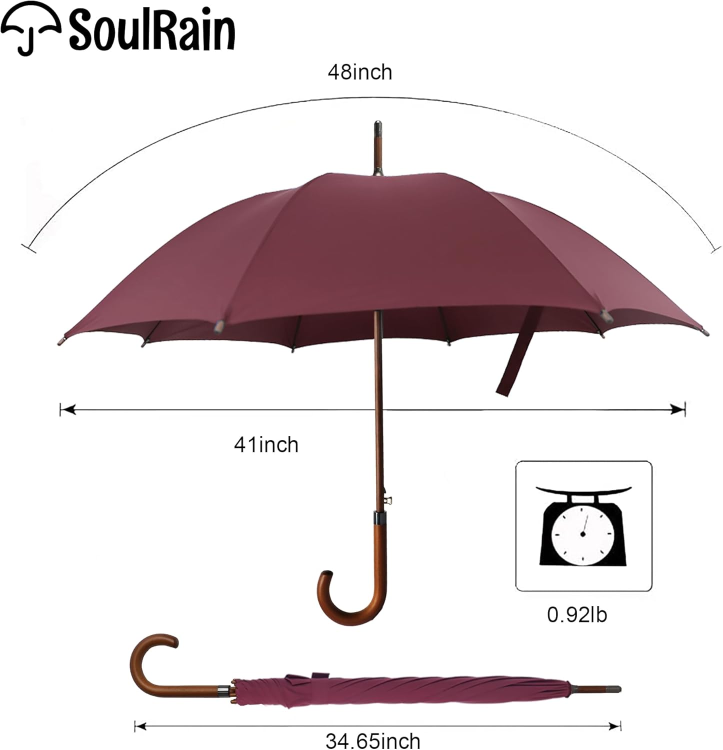 SoulRain 48" Large Umbrella – Windproof Stick Umbrella for Rain, Automatic Open for 2 Persons, Classic Wooden Handle, Durable Travel & Red Umbrella for Men & Women (Wine) - Image 4